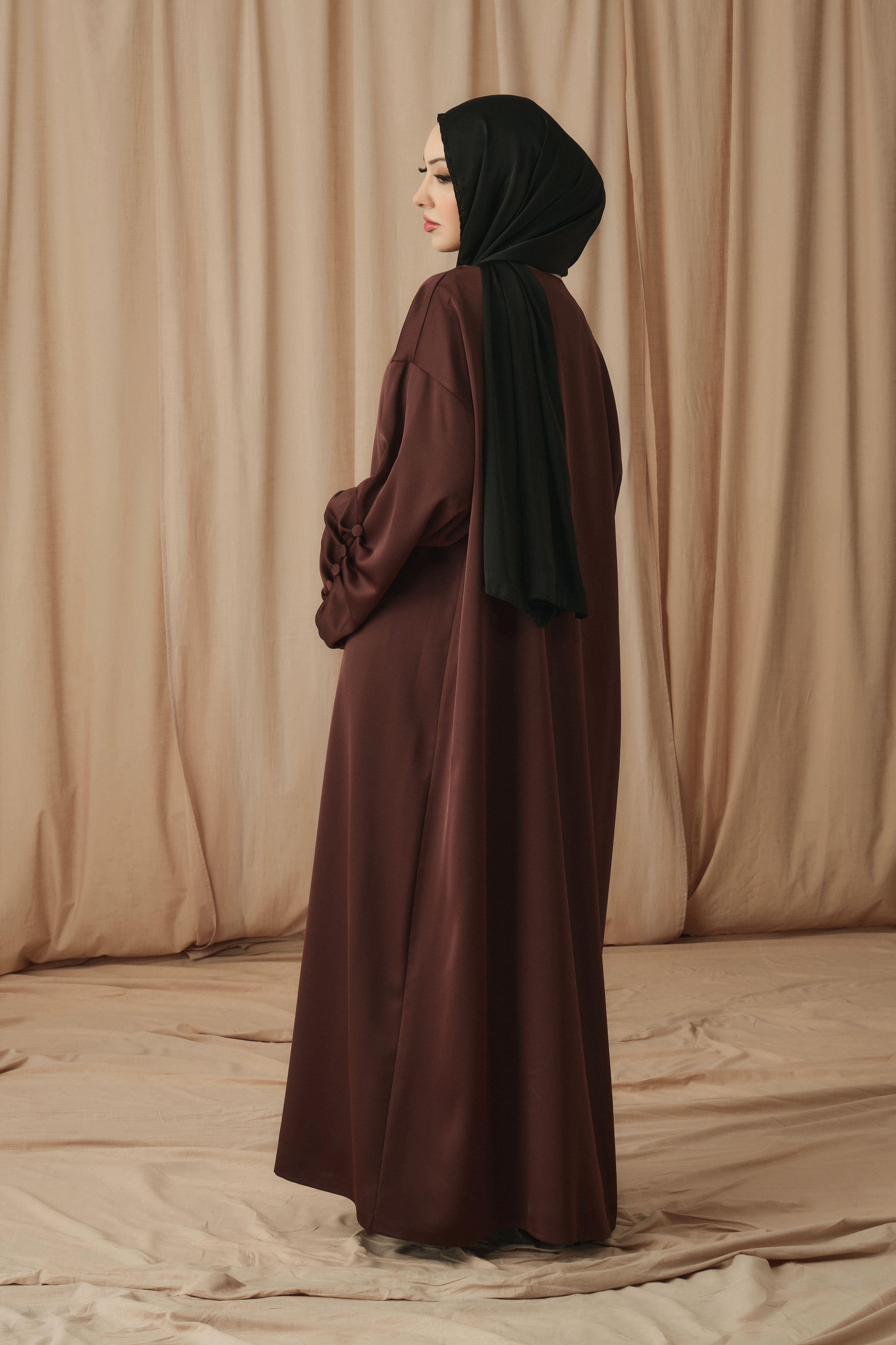 SATIN RUCHED DETAIL ABAYA-DARK BROWN