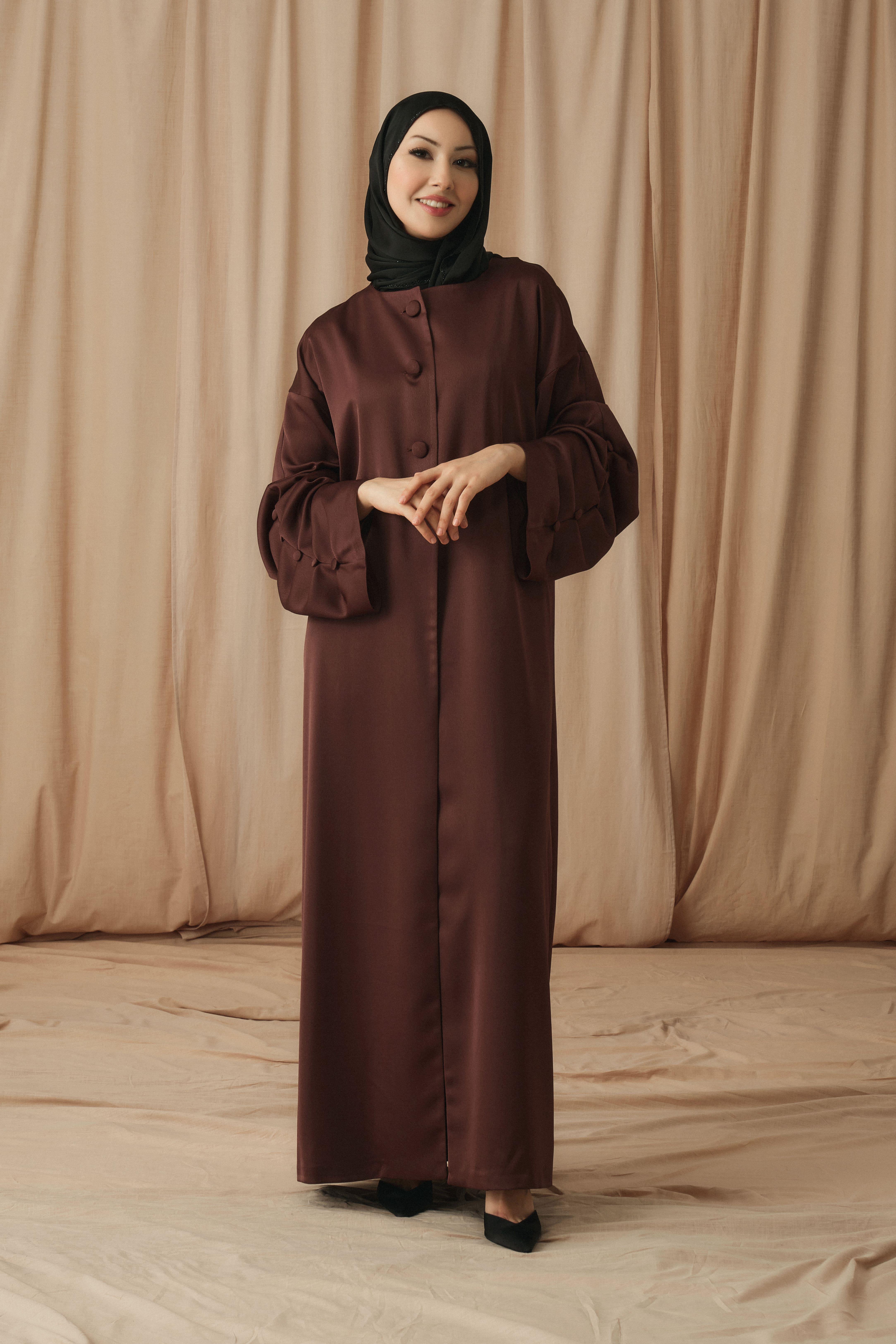 SATIN RUCHED DETAIL ABAYA-DARK BROWN