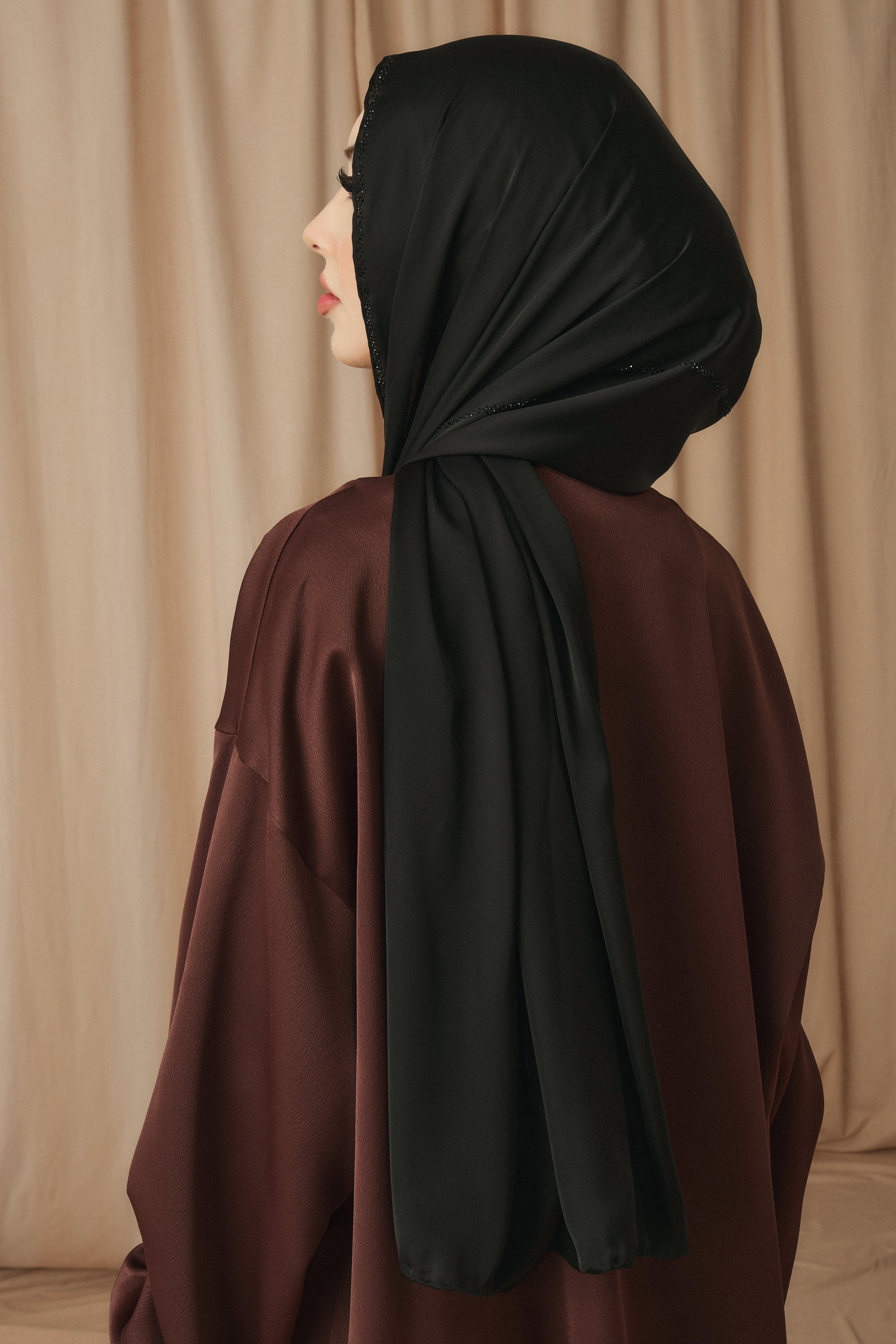 SATIN RUCHED DETAIL ABAYA-DARK BROWN
