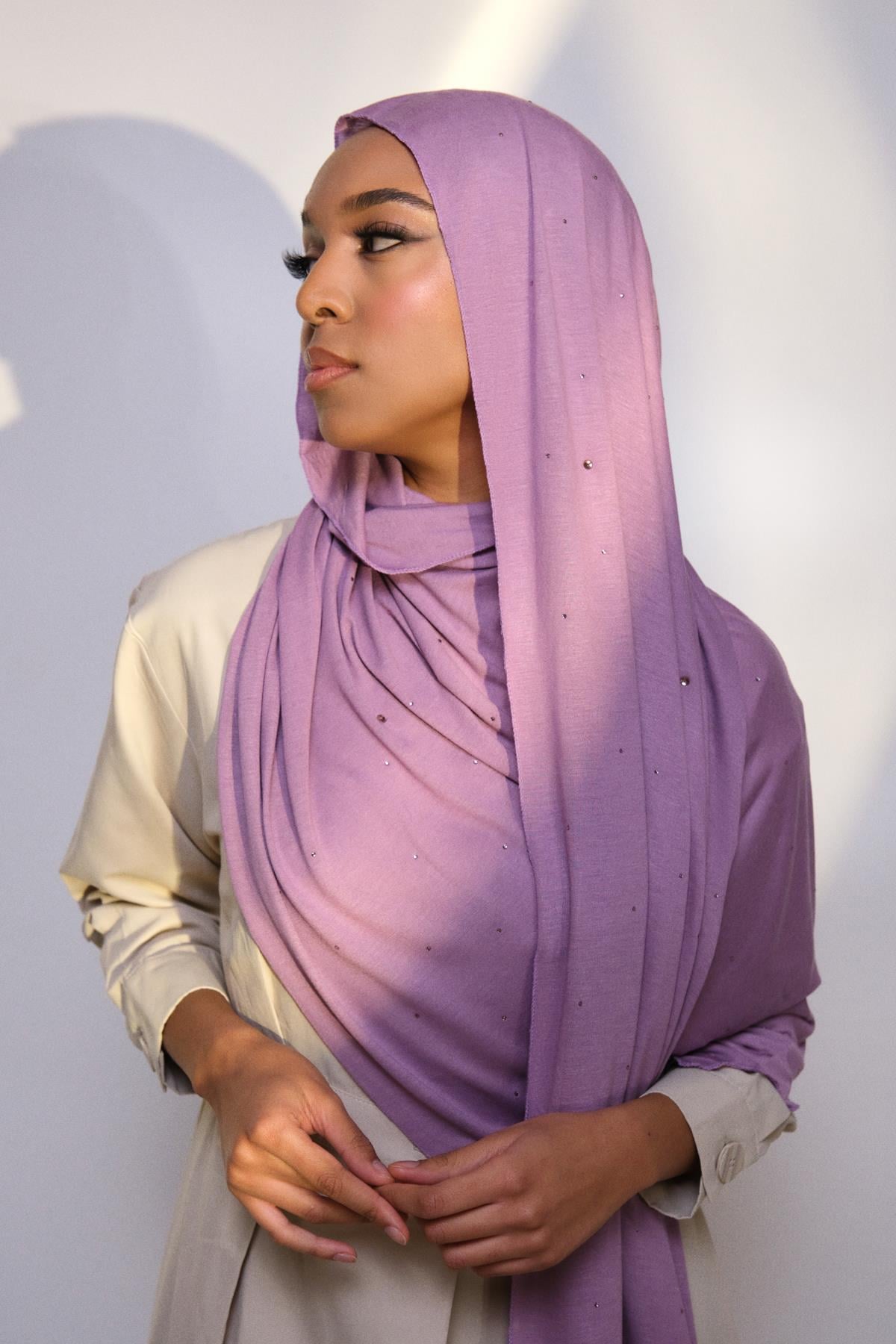 STONE-EMBELLISHED PREMIUM COTTON SHAWL-LİLA
