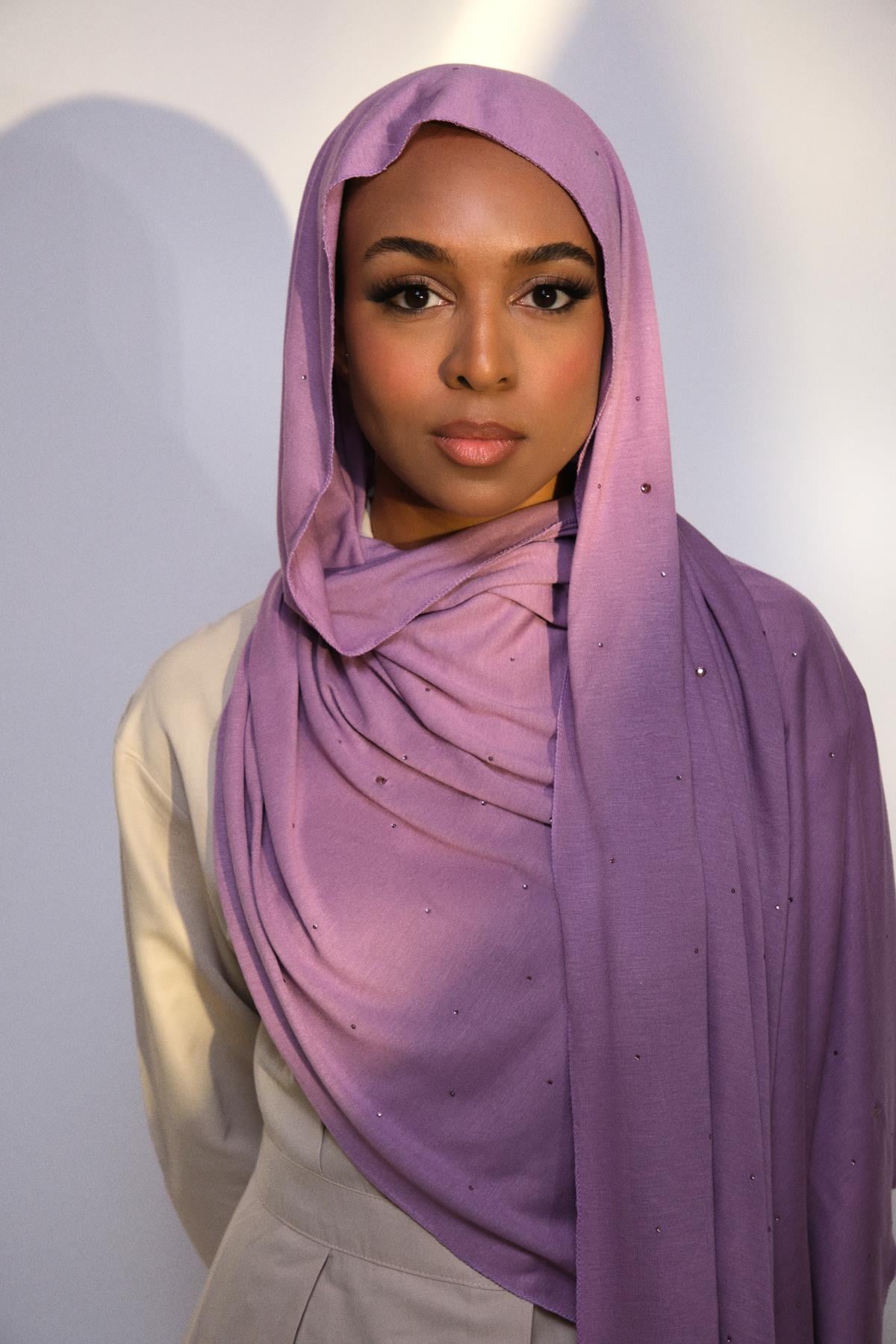 STONE-EMBELLISHED PREMIUM COTTON SHAWL-LİLA