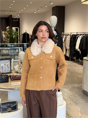 Kürk Yakalı Peluş Ceket Camel