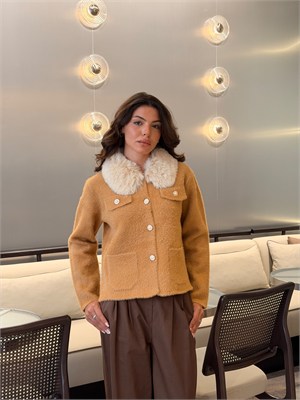 Kürk Yakalı Peluş Ceket Camel
