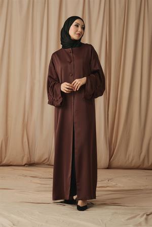 SATIN BÜZGÜ DETAYLI ABAYA-ACI KAHVE