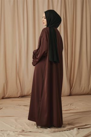 SATIN BÜZGÜ DETAYLI ABAYA-ACI KAHVE