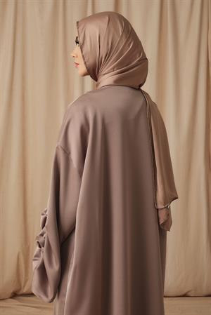 SATIN RUCHED DETAIL ABAYA-VİZON