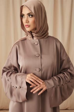SATIN RUCHED DETAIL ABAYA-VİZON