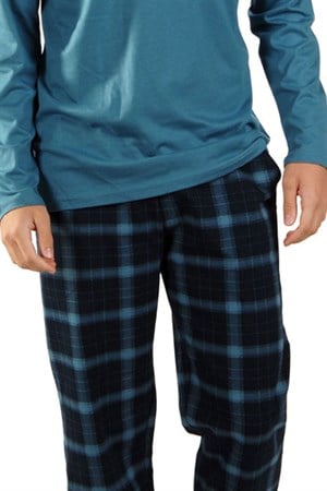 Malabadi Mavi Ekoseli  V Yaka Kışlık  Erkek Pijama Takımı 6014