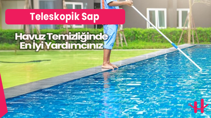 Teleskopik sap ile havuz temizliği yapan bir kişi