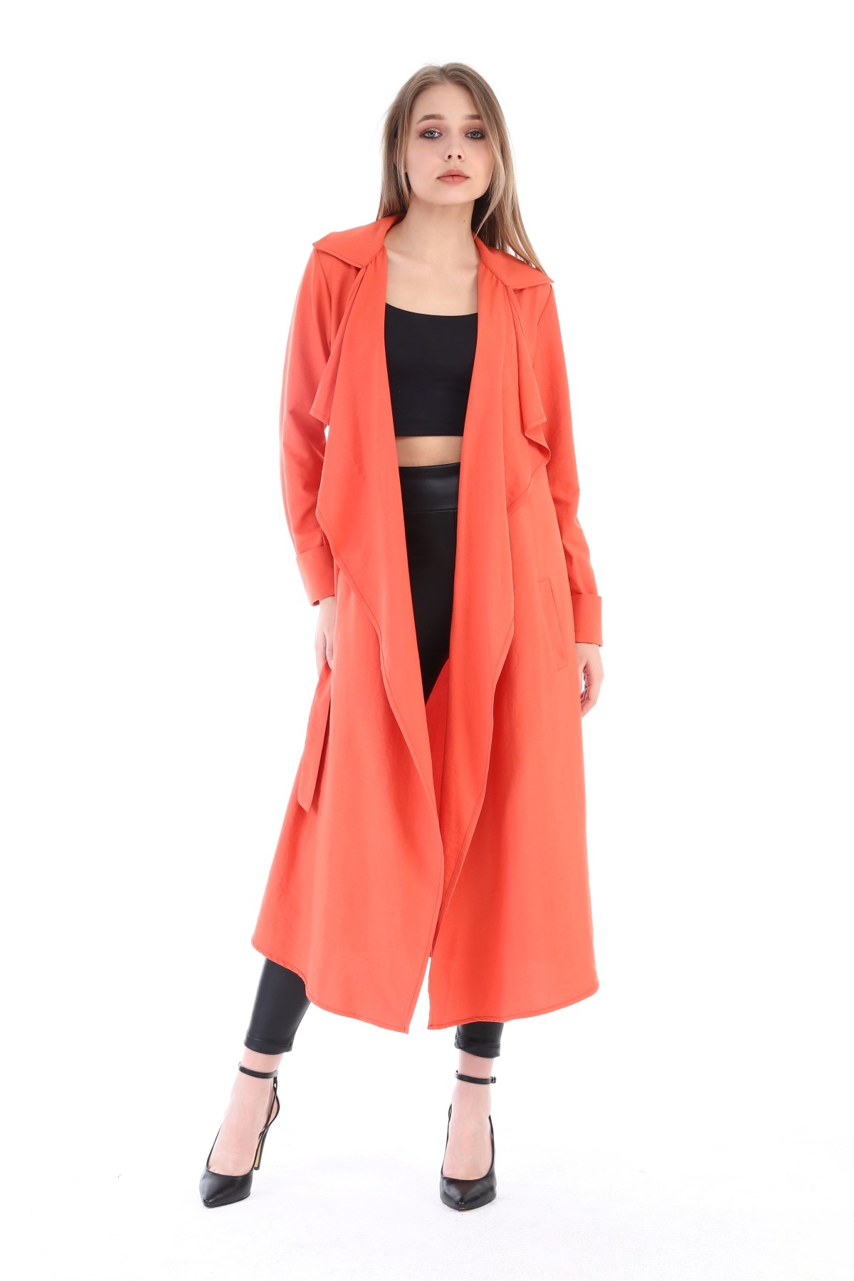 Long Claret Coral Womens Jacket with Epaulettes, Slits on the Sides and a Belt