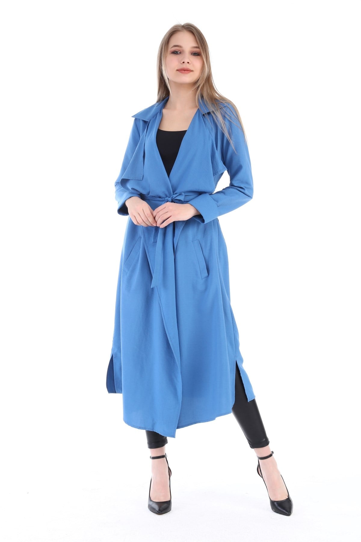 Long Claret İndigo Womens Jacket with Epaulettes, Slits on the Sides and a Belt
