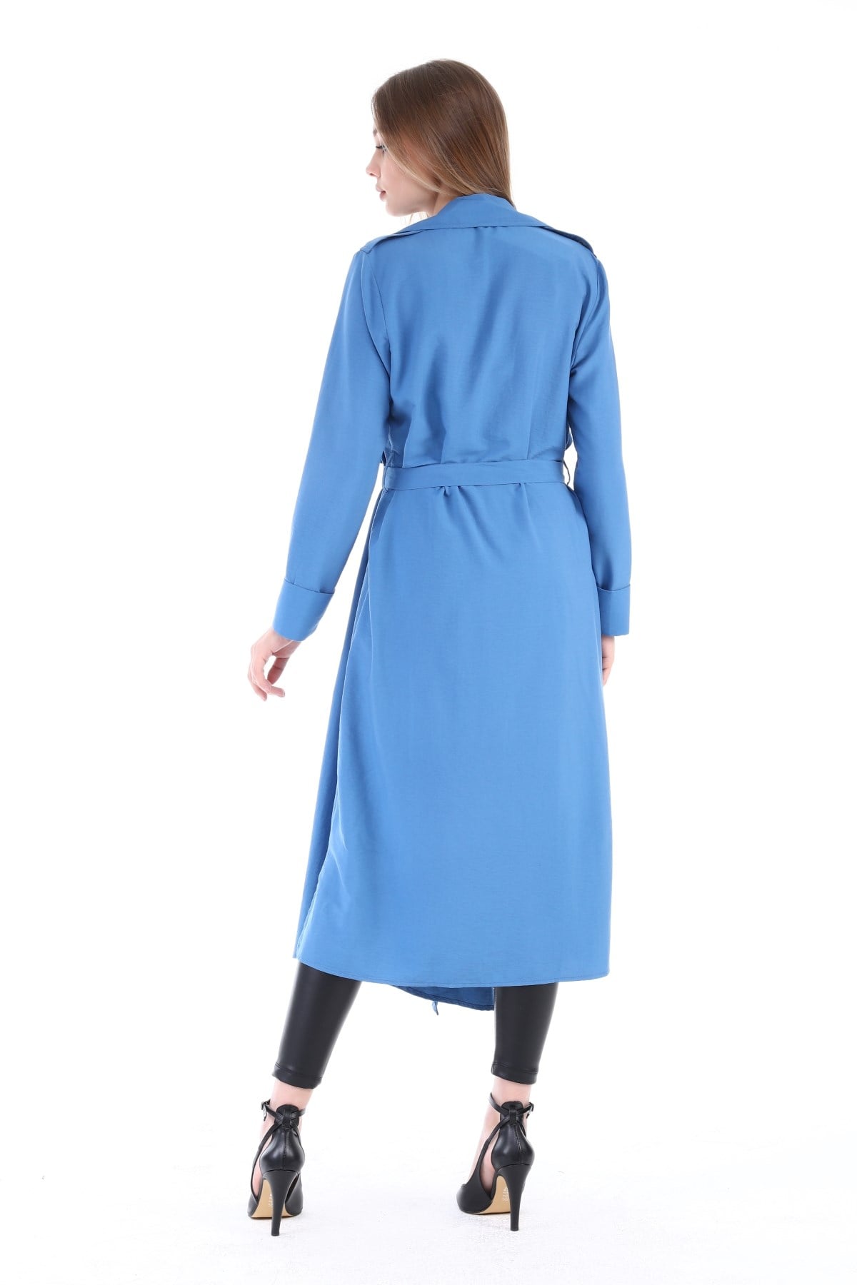 Long Claret İndigo Womens Jacket with Epaulettes, Slits on the Sides and a Belt