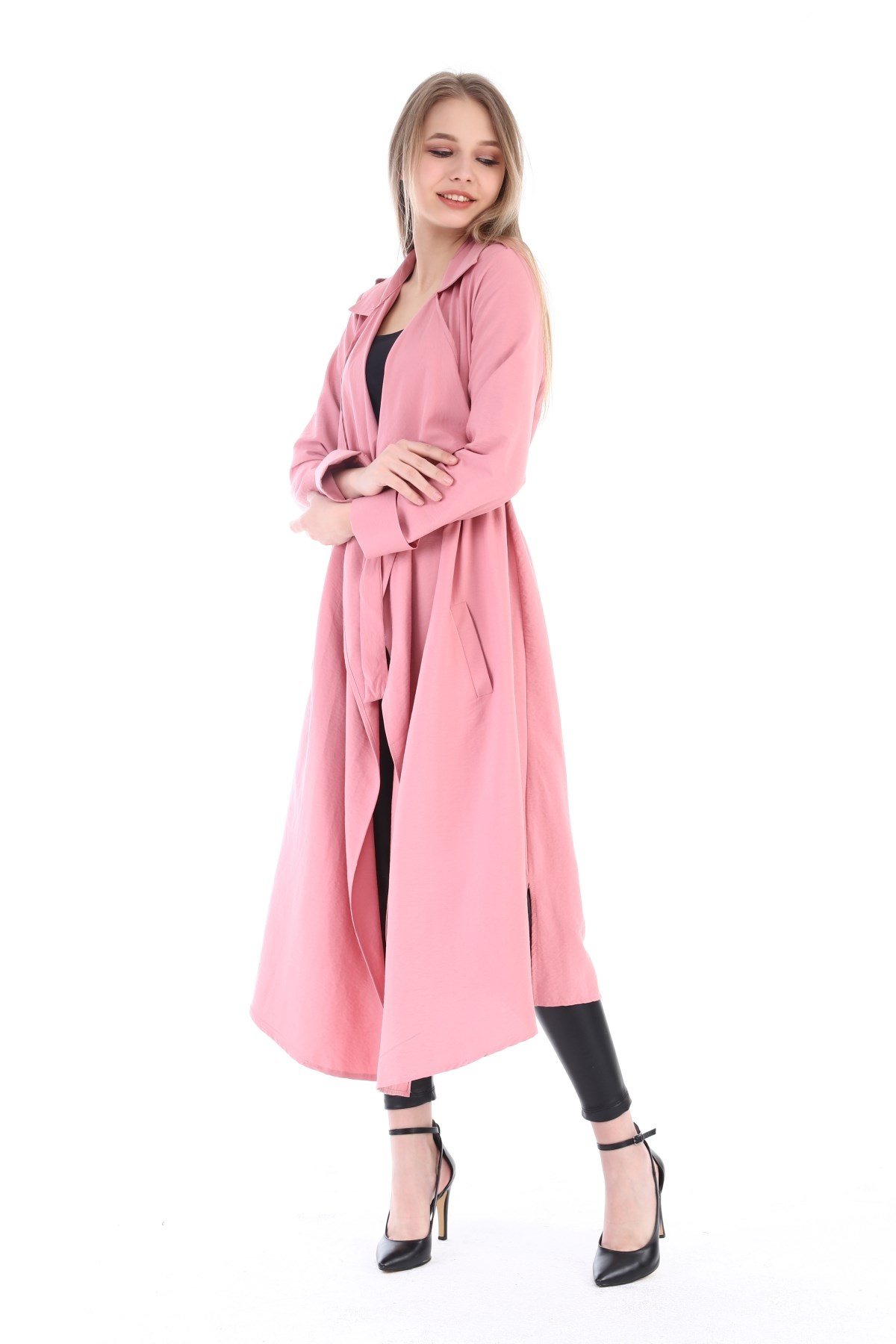 Long Claret Pink Womens Jacket with Epaulettes, Slits on the Sides and a Belt