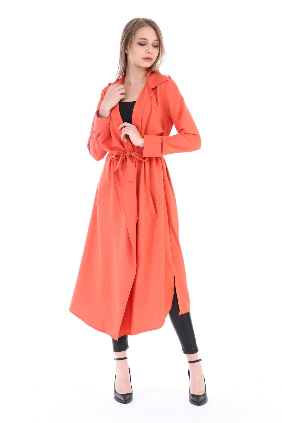 Long Claret Coral Womens Jacket with Epaulettes, Slits on the Sides and a Belt