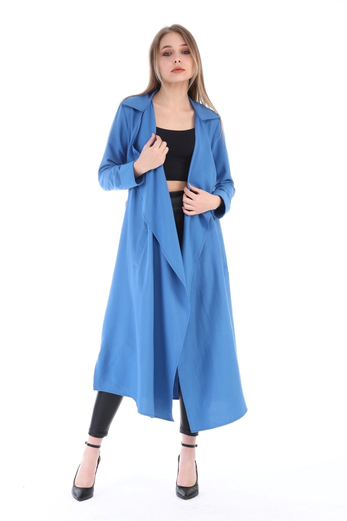 Long Claret İndigo Womens Jacket with Epaulettes, Slits on the Sides and a Belt