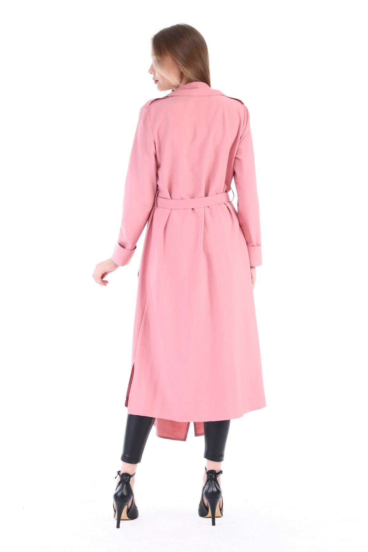 Long Claret Pink Womens Jacket with Epaulettes, Slits on the Sides and a Belt