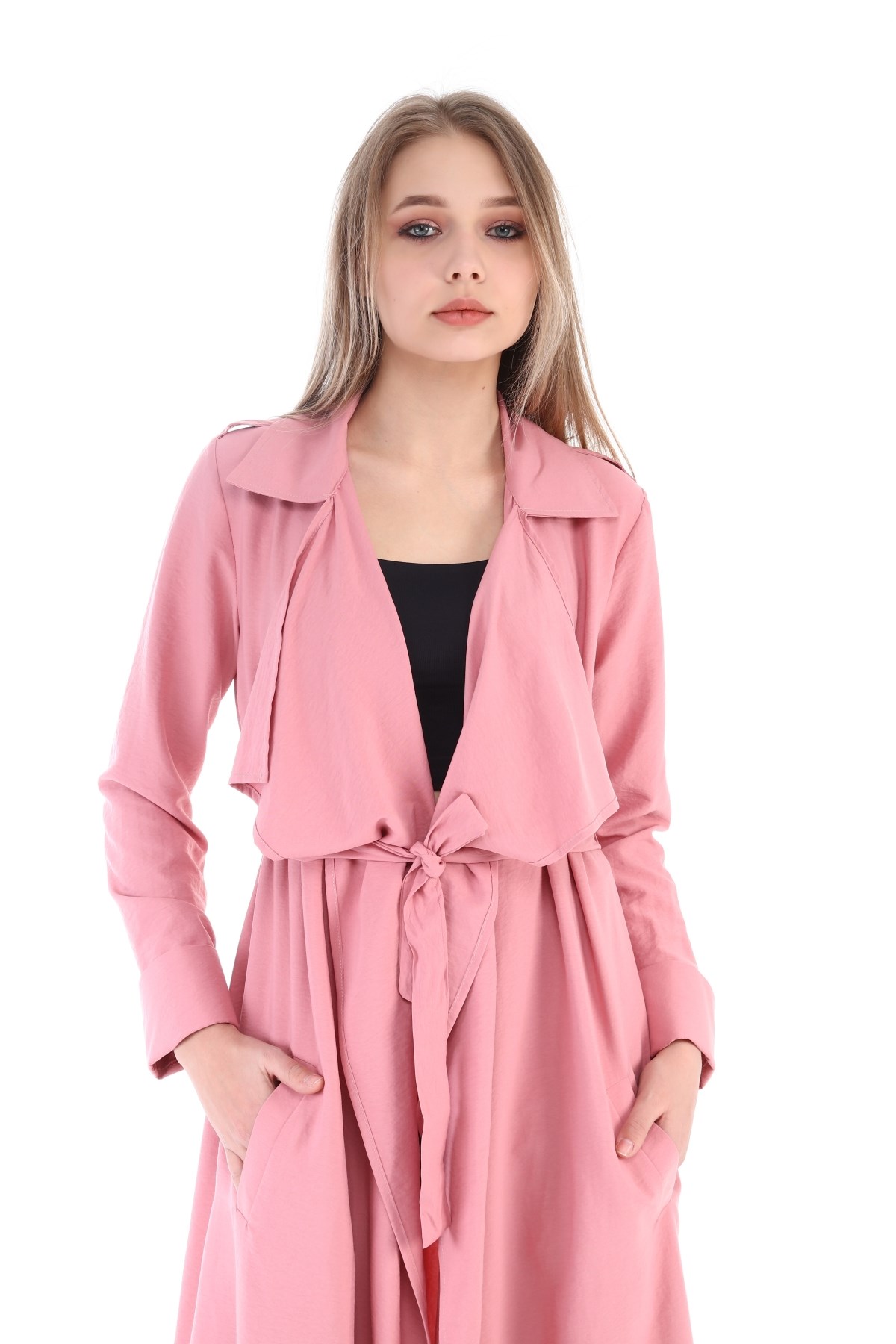 Long Claret Pink Womens Jacket with Epaulettes, Slits on the Sides and a Belt
