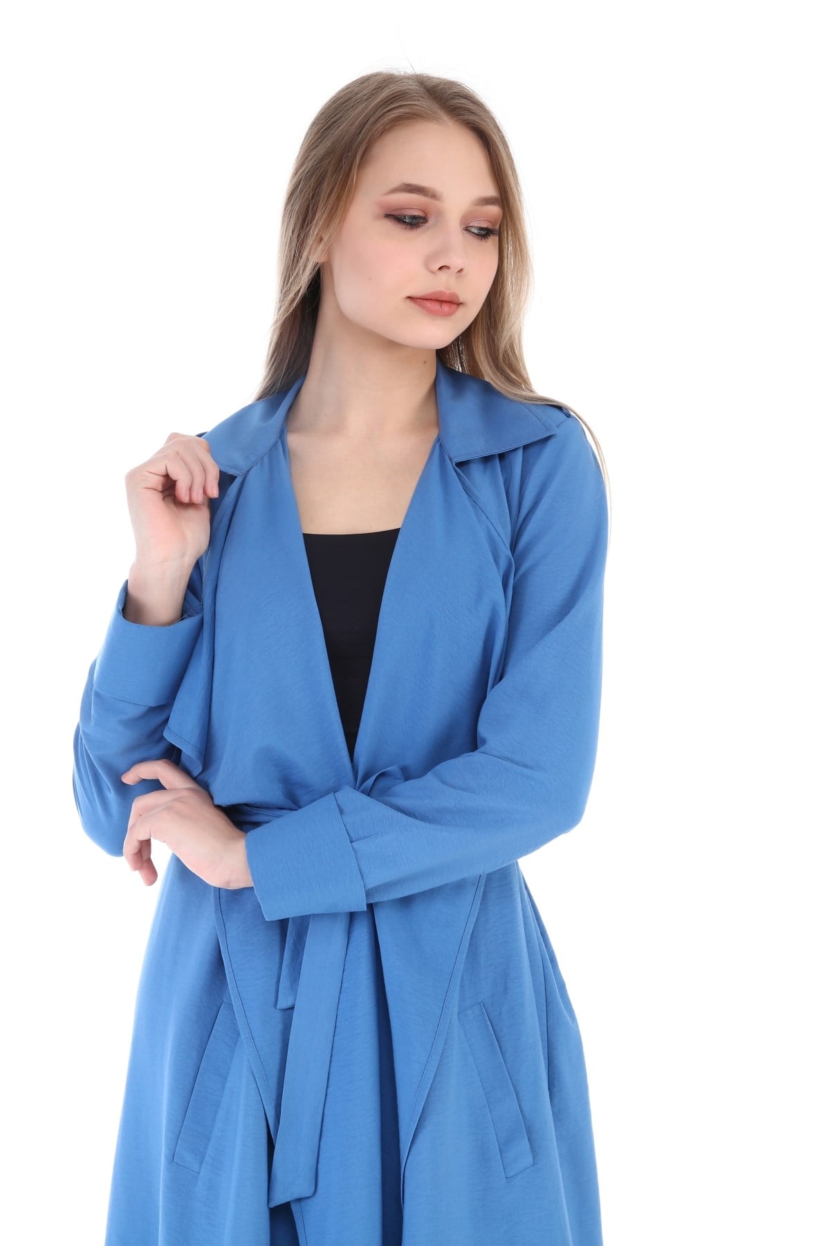 Long Claret İndigo Womens Jacket with Epaulettes, Slits on the Sides and a Belt