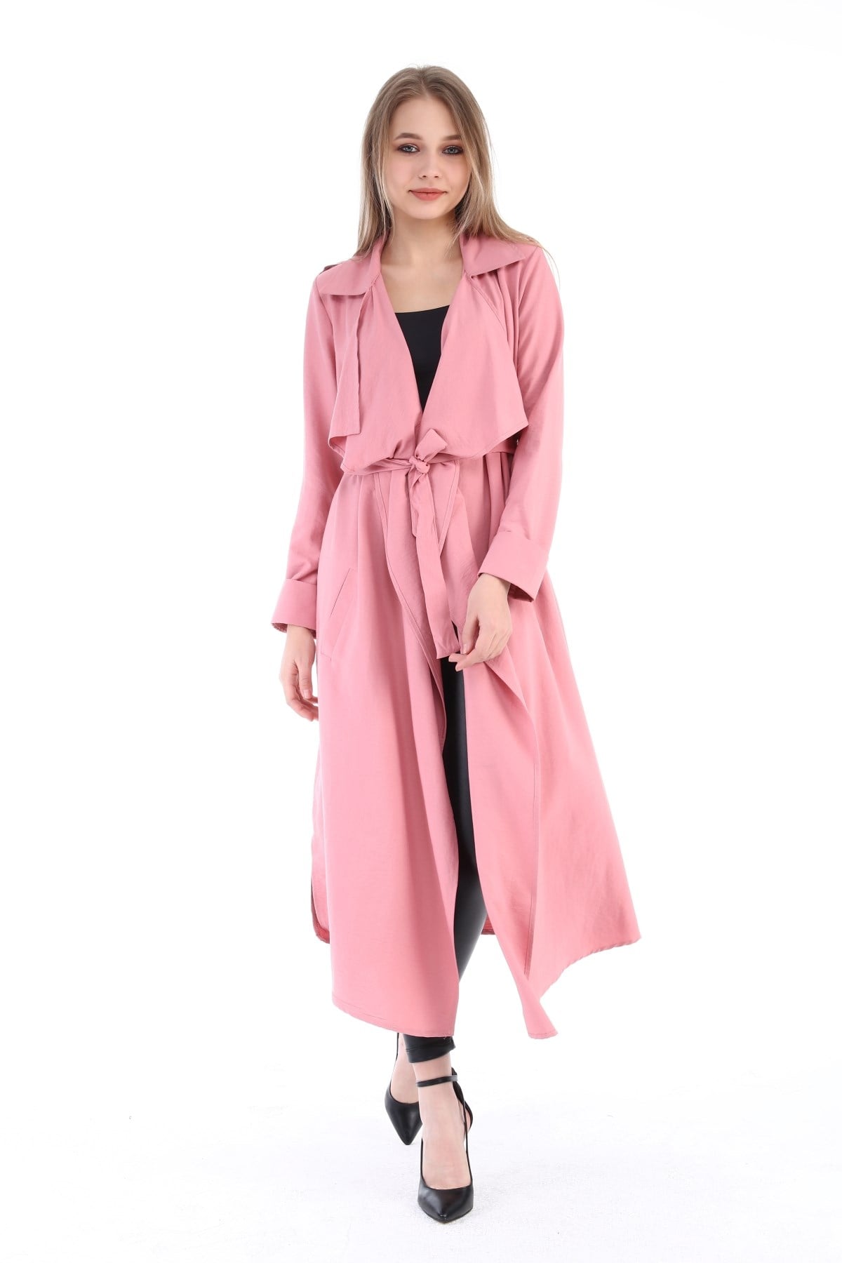 Long Claret Pink Womens Jacket with Epaulettes, Slits on the Sides and a Belt