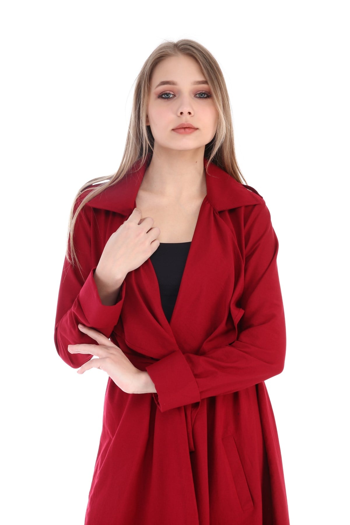 Apoletli Yanları Yırtmaçlı Kuşaklı Uzun Bordo Kadın Ceket