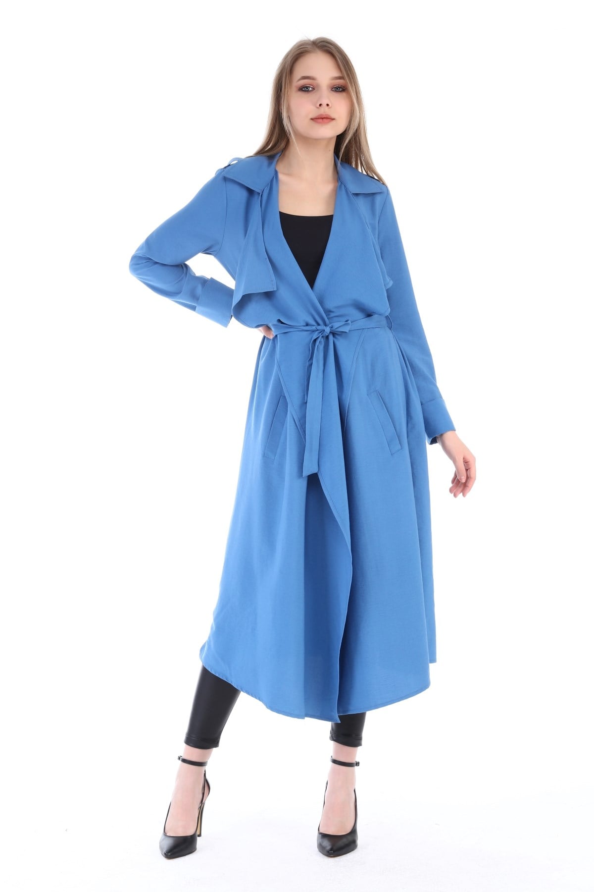 Long Claret İndigo Womens Jacket with Epaulettes, Slits on the Sides and a Belt