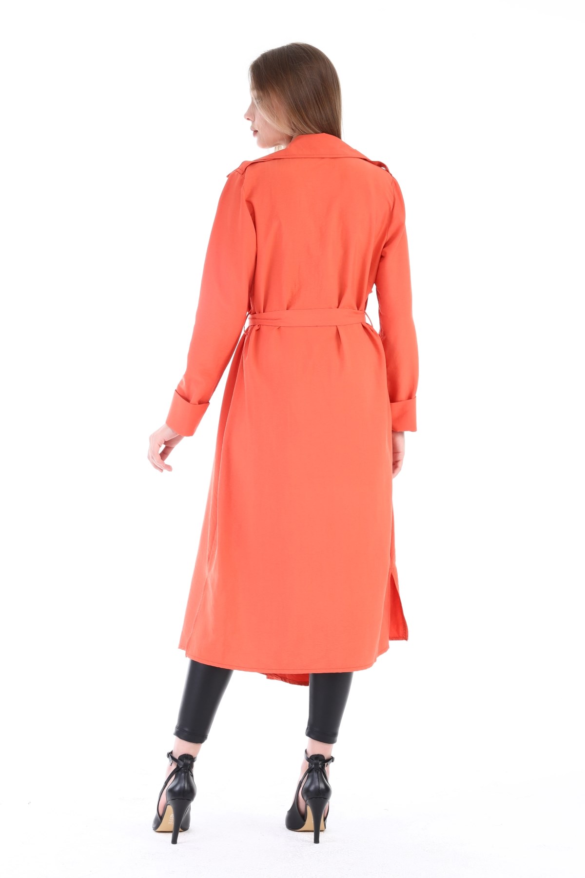 Long Claret Coral Womens Jacket with Epaulettes, Slits on the Sides and a Belt