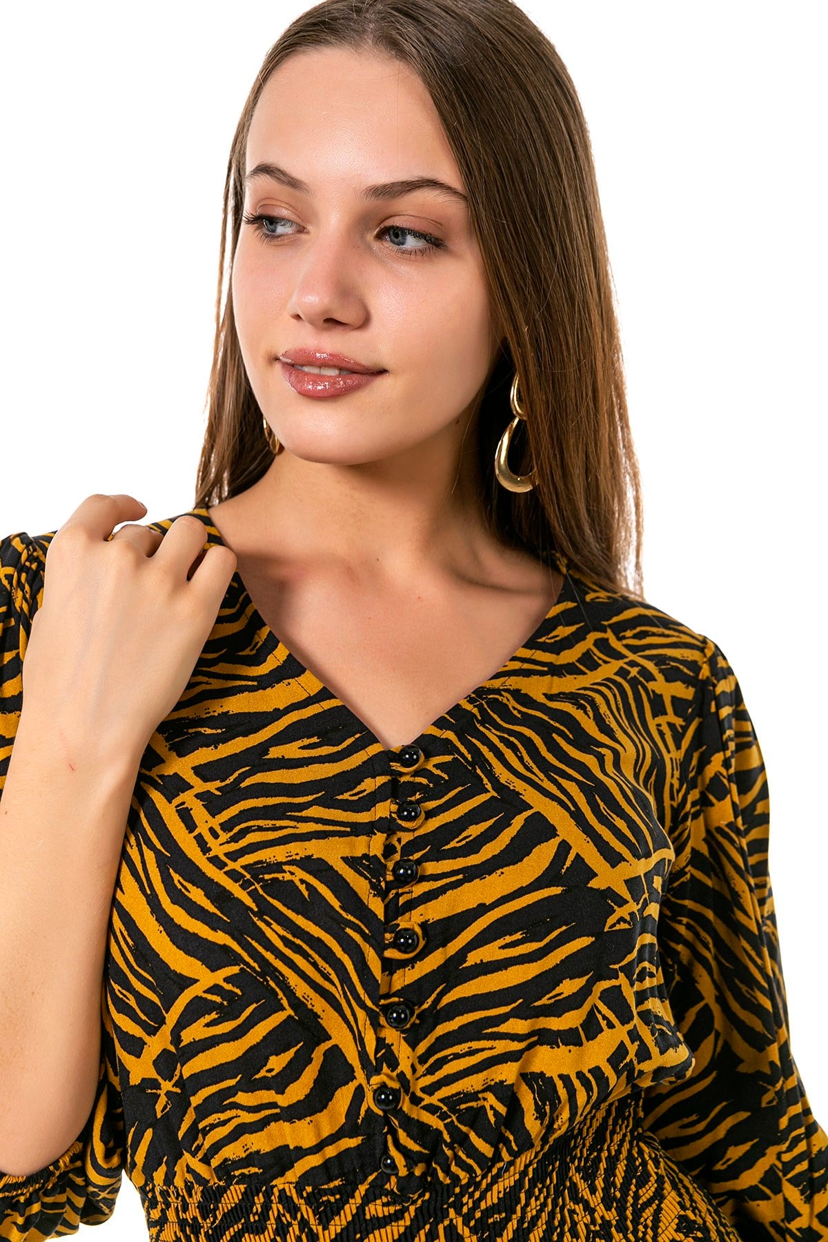 Balloon Sleeve Glittered Waist V-Neck Mustard Black Zebra Patterned Long Dress