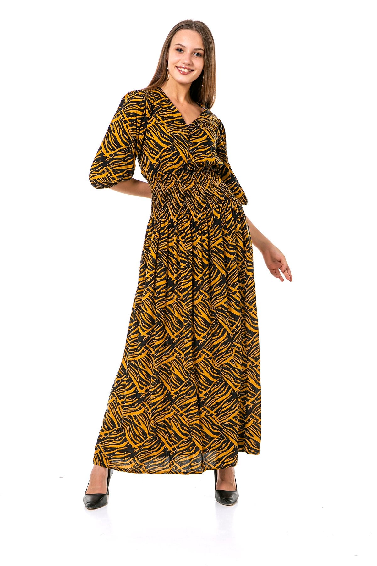 Balloon Sleeve Glittered Waist V-Neck Mustard Black Zebra Patterned Long Dress