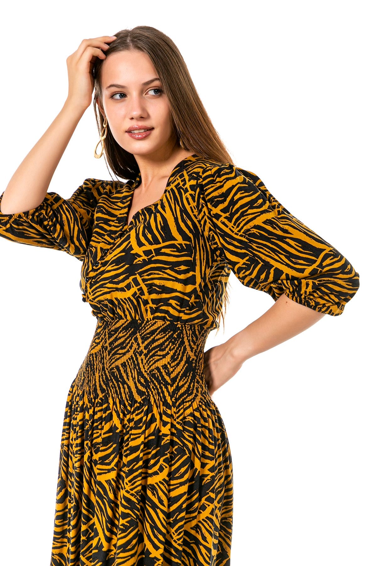 Balloon Sleeve Glittered Waist V-Neck Mustard Black Zebra Patterned Long Dress