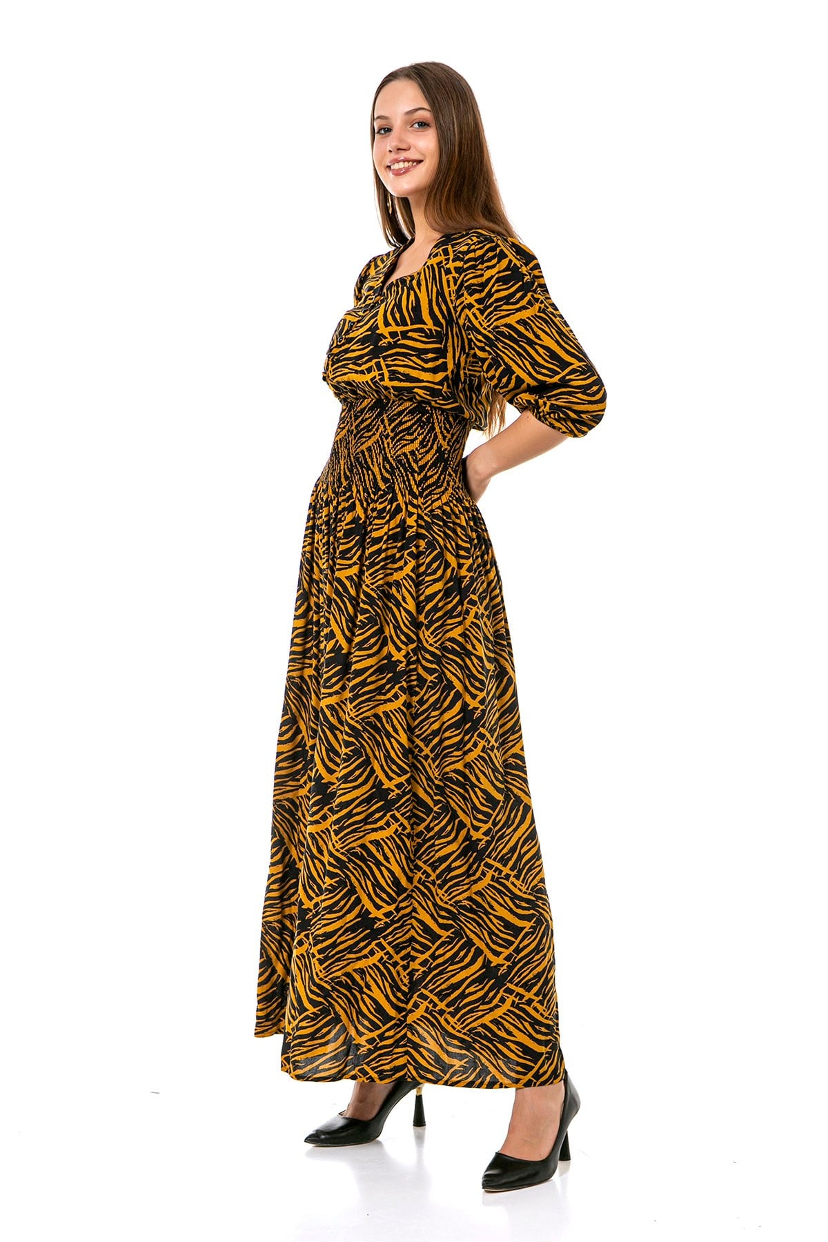 Balloon Sleeve Glittered Waist V-Neck Mustard Black Zebra Patterned Long Dress