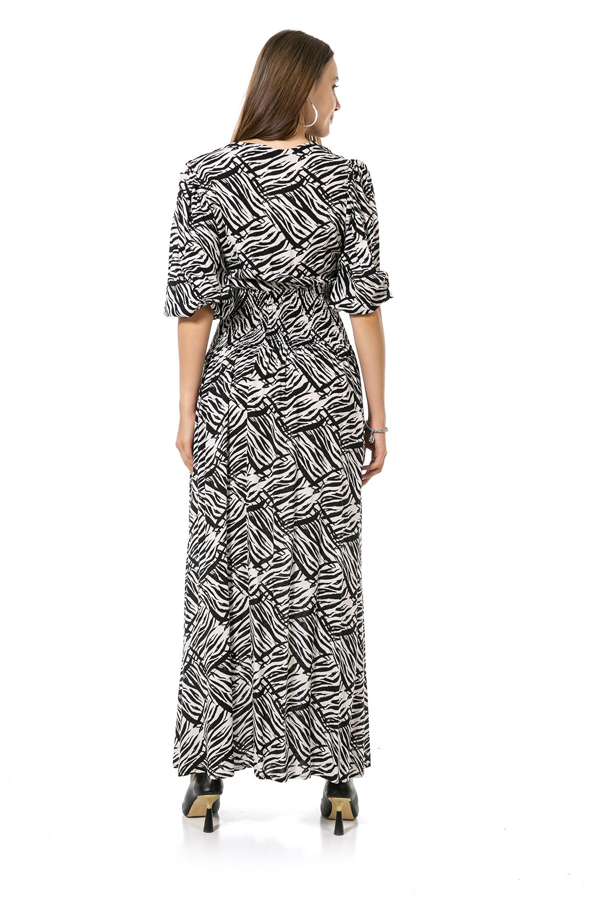 Balloon Sleeve Gipped Waist V-Neck Black and White Zebra Patterned Long Dress