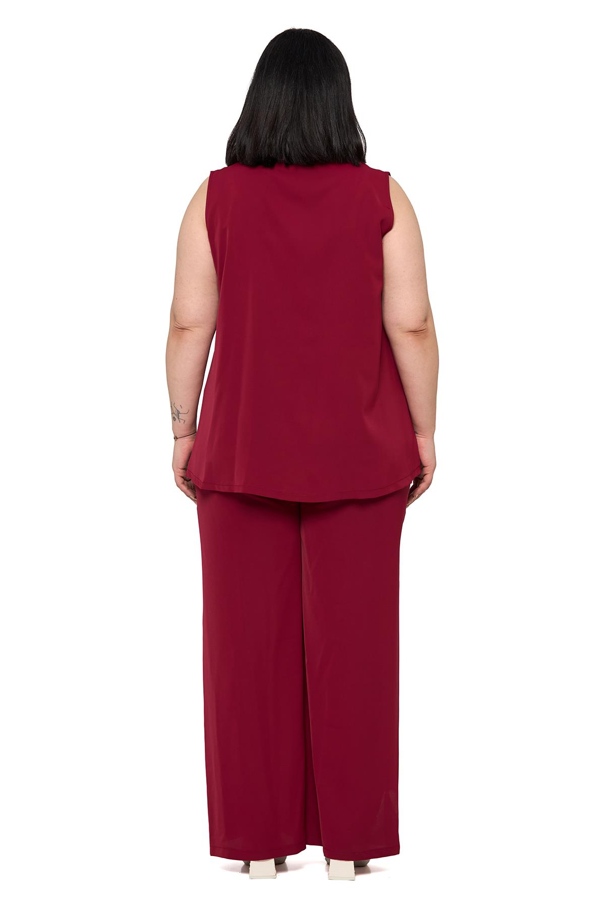 Büyük Beden Kolsuz Bluz Bol Paça Pantolon Bordo İkili Takım