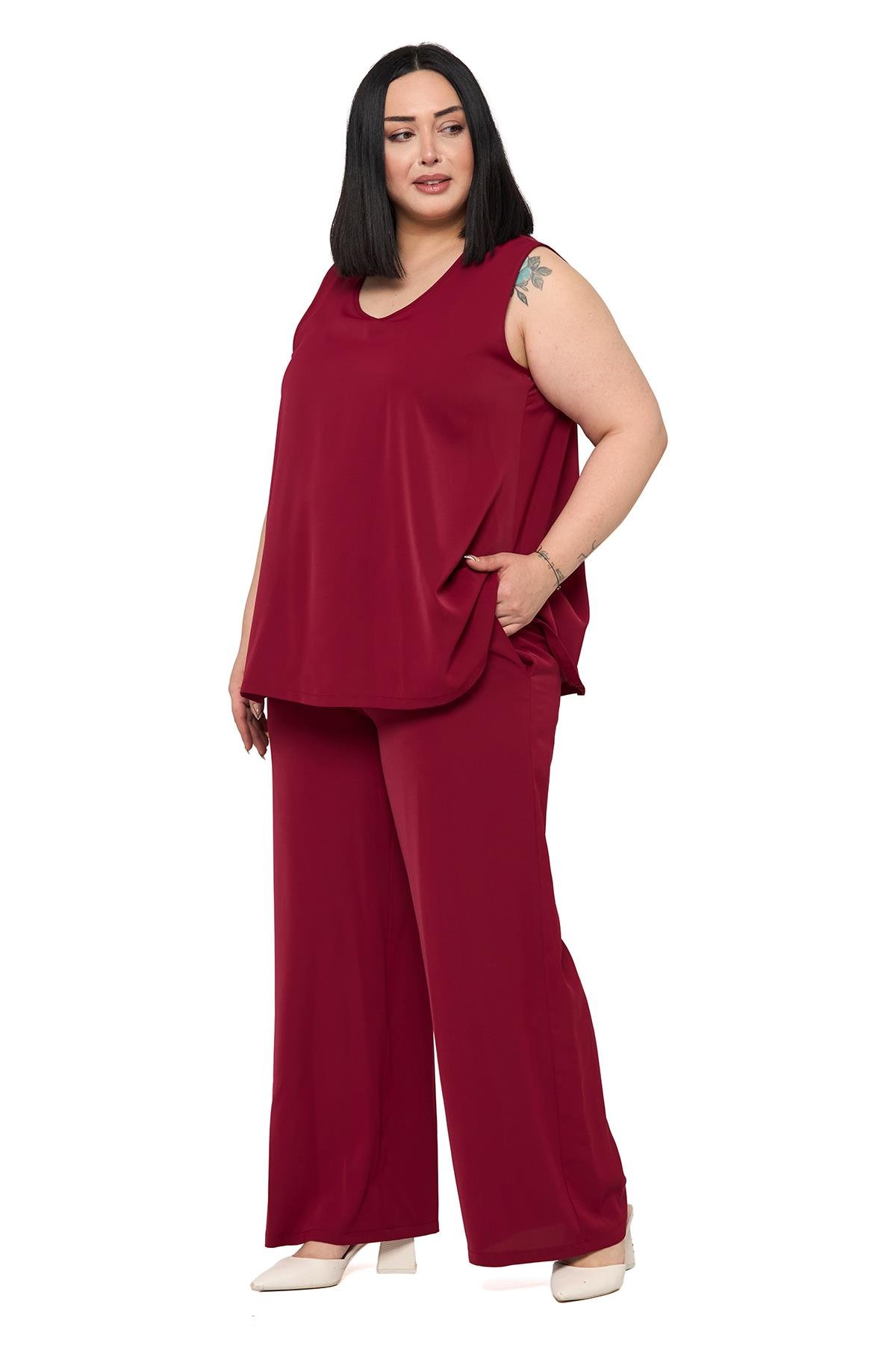 Büyük Beden Kolsuz Bluz Bol Paça Pantolon Bordo İkili Takım