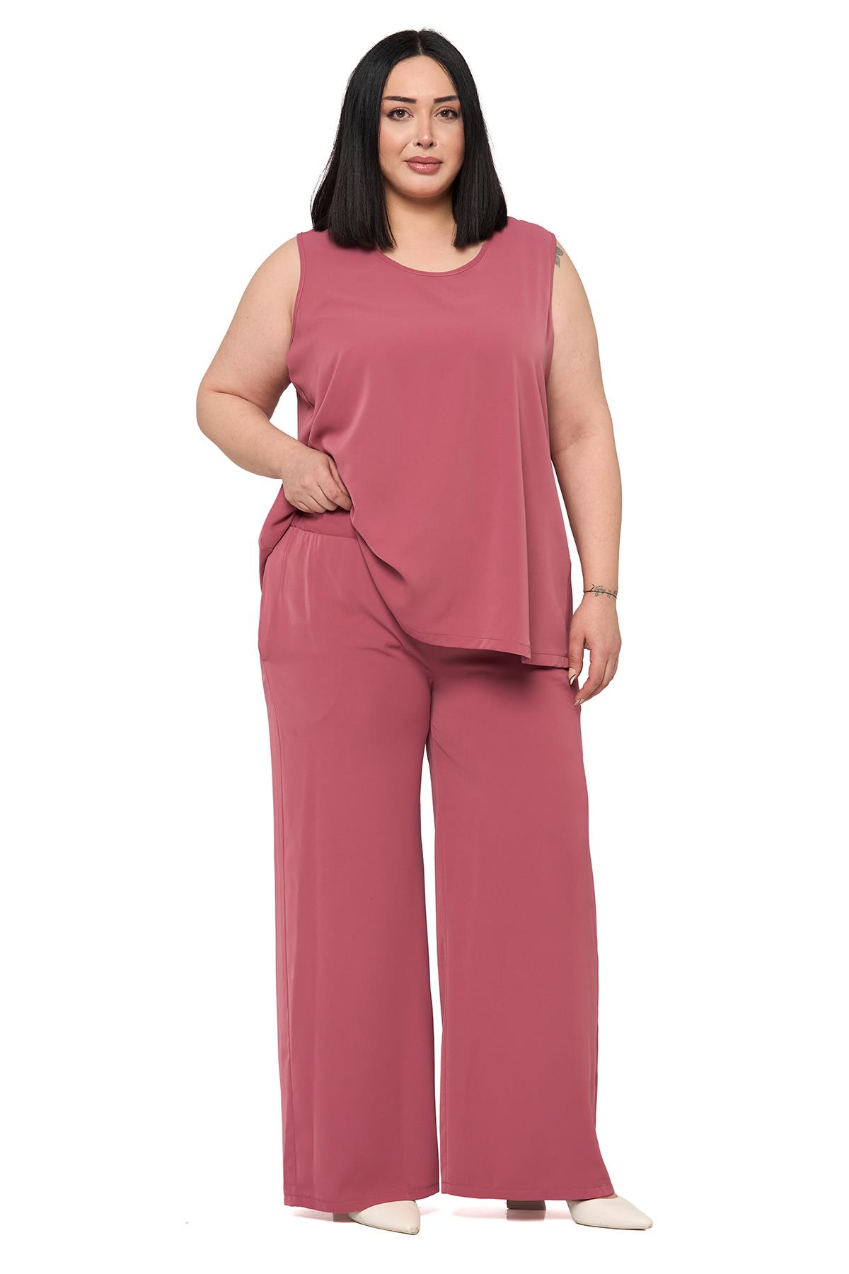 Büyük Beden Kolsuz Bluz Bol Paça Pantolon Gül Kurusu İkili Takım