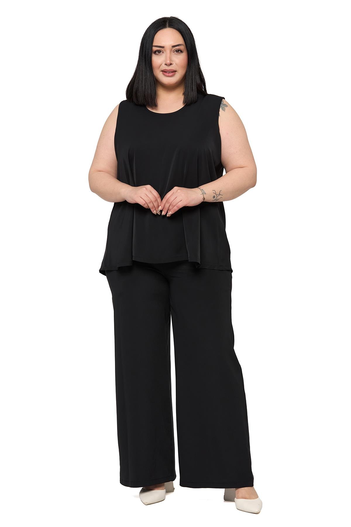 Büyük Beden Kolsuz Bluz Bol Paça Pantolon Siyah İkili Takım