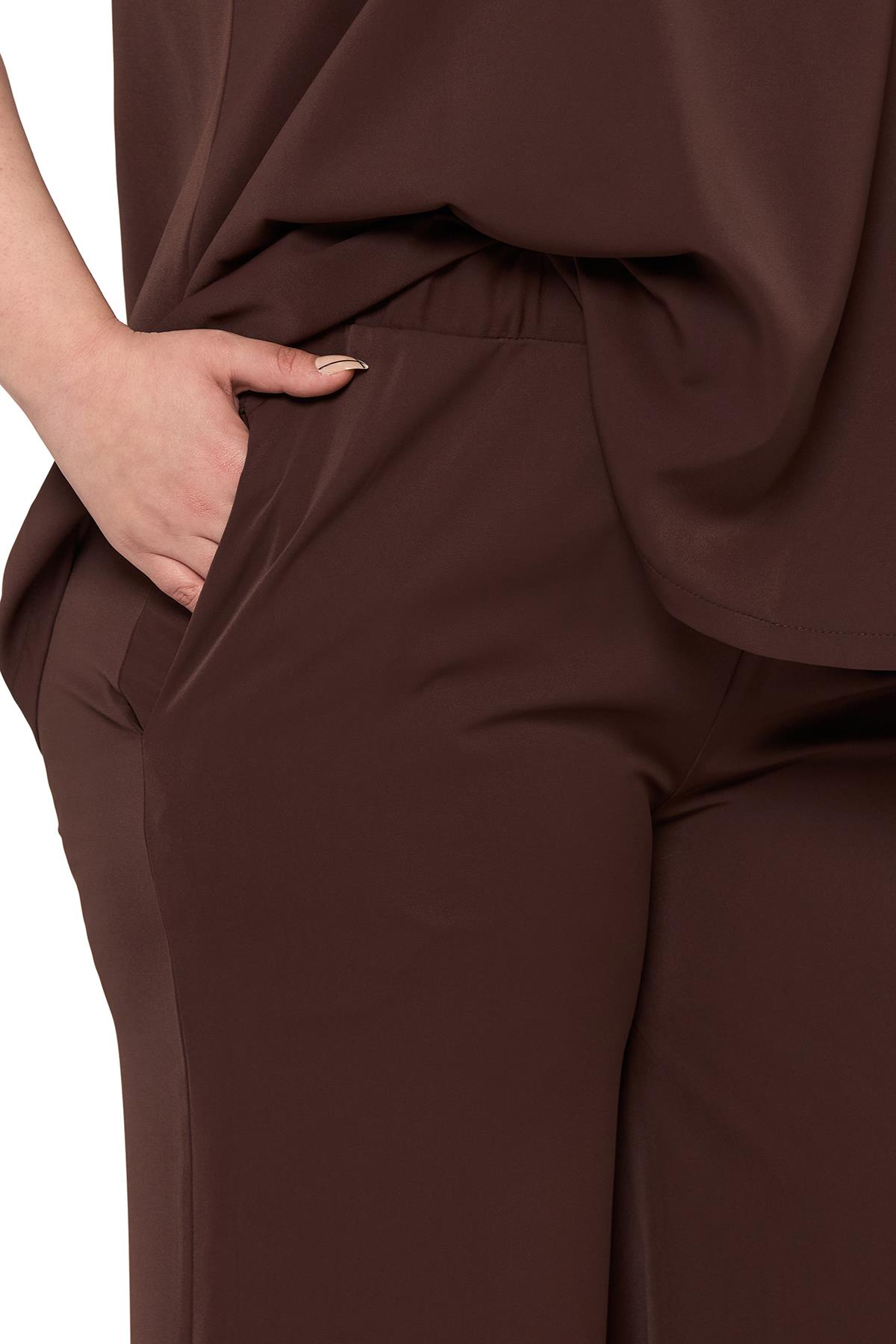 Büyük Beden Kolsuz Bluz Bol Paça Pantolon Kahverengi İkili Takım