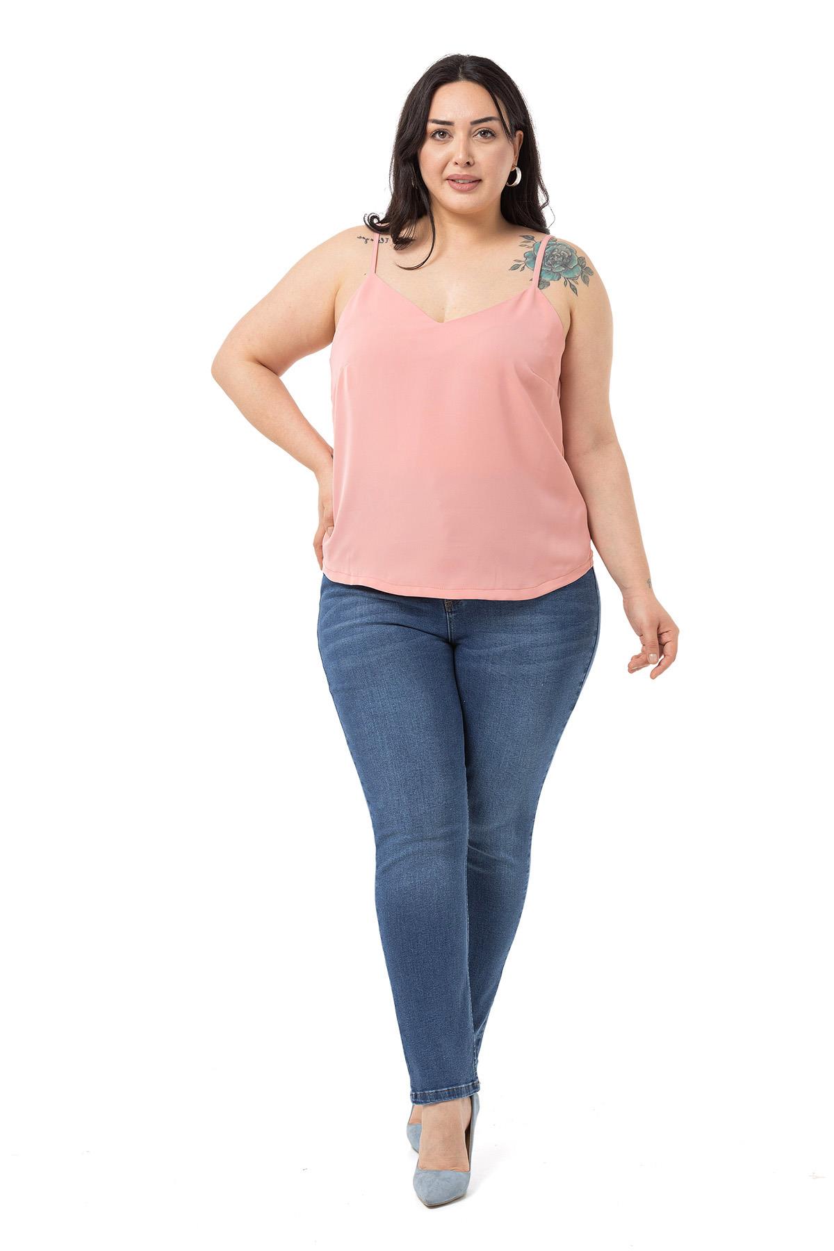 Plus Size Adjustable Thin Strap V Neck Light Pink Blouse