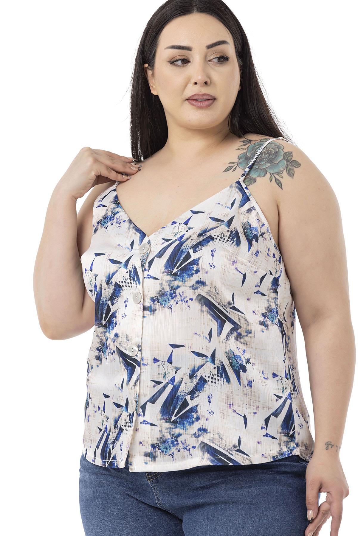 Plus Size Adjustable Thin Straps Front Buttoned Floral Patterned Navy Blue Blouse