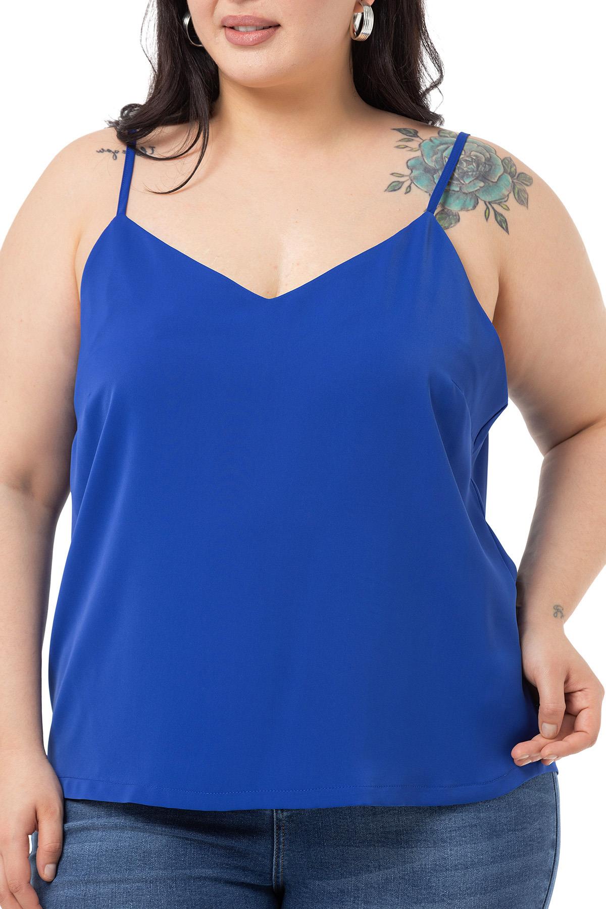 Plus Size Adjustable Thin Strap V Neck Sax Blue Blouse