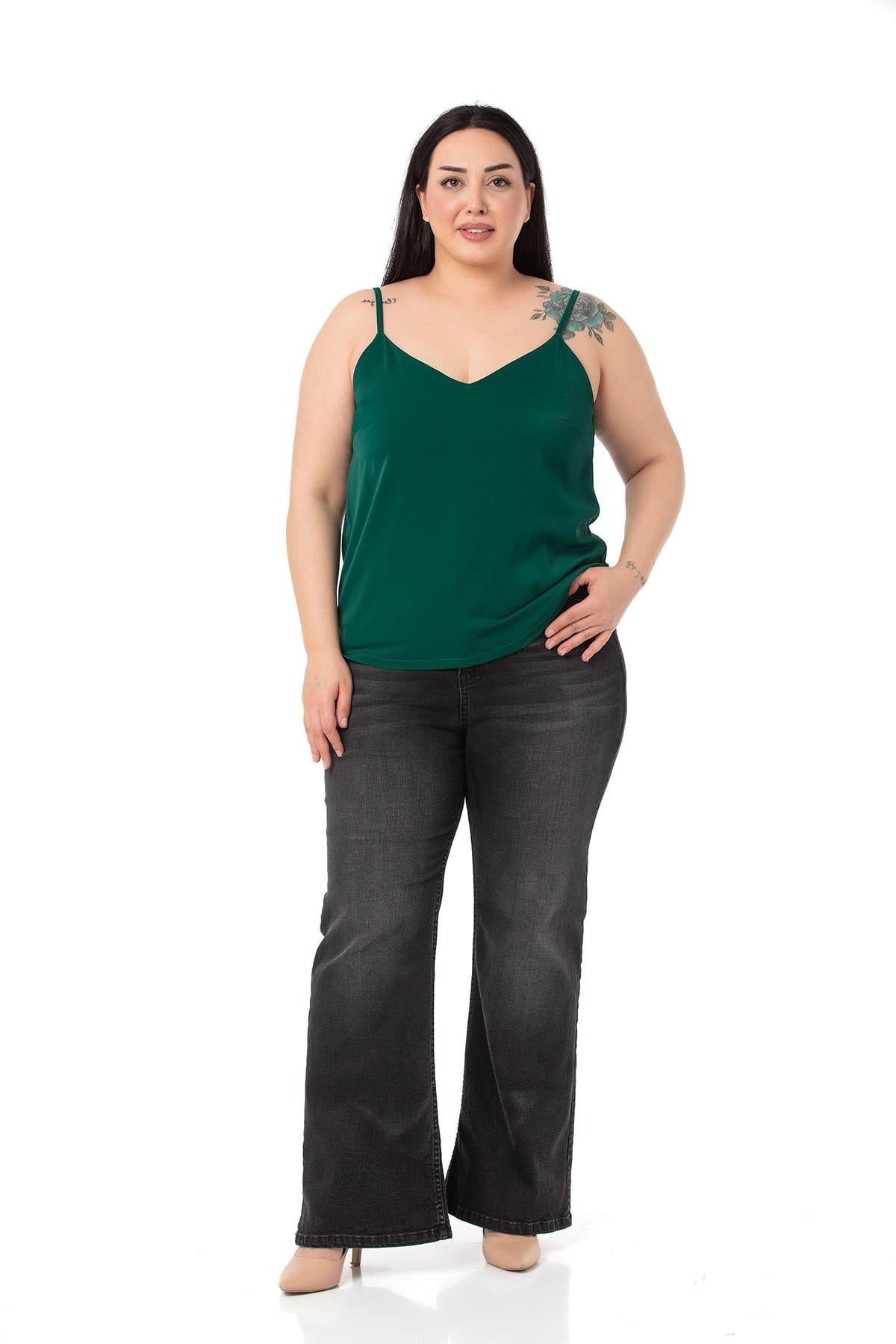 Plus Size Adjustable Thin Strap V Neck Emerald Blouse