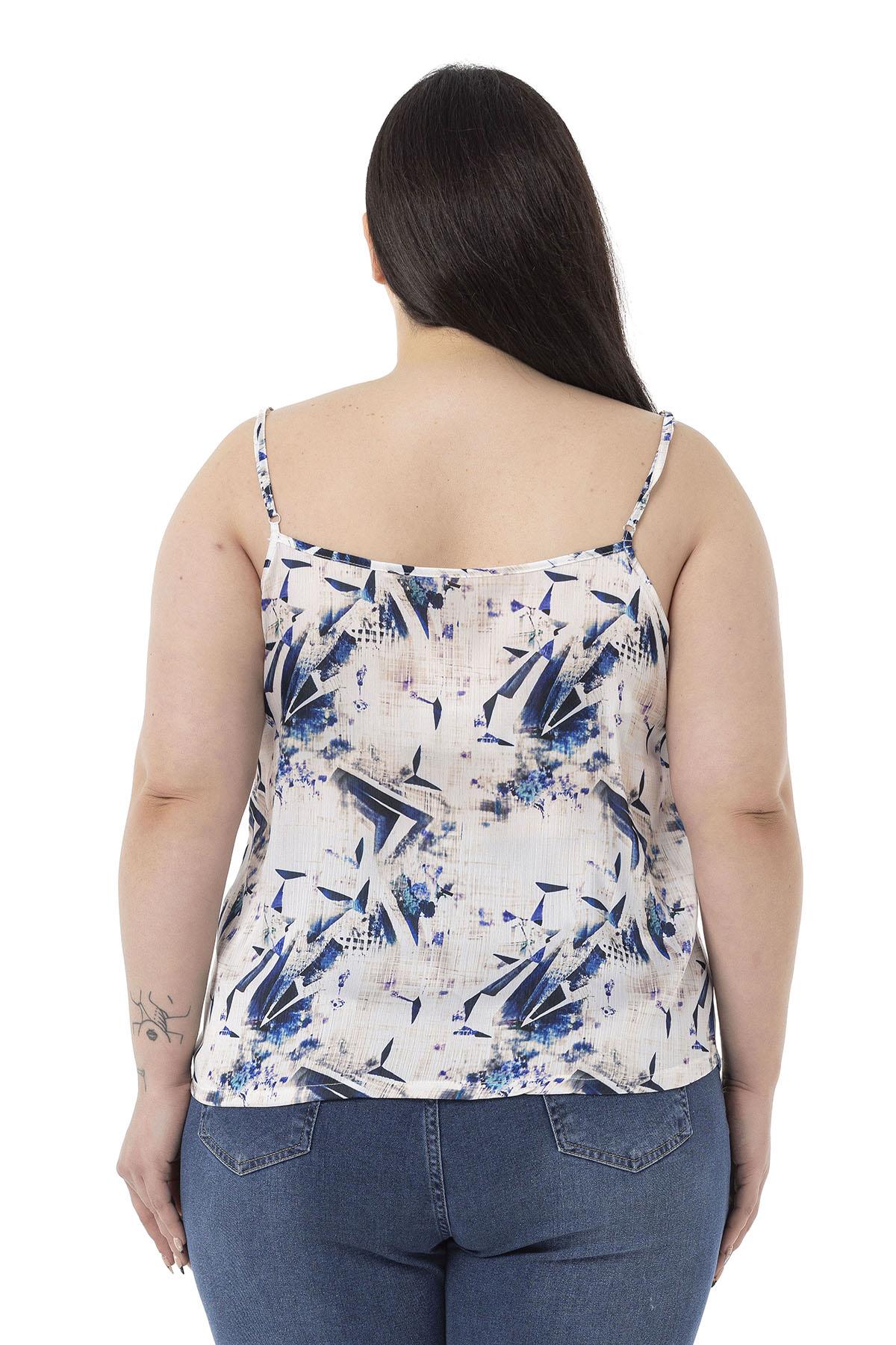 Plus Size Adjustable Thin Straps Front Buttoned Floral Patterned Navy Blue Blouse