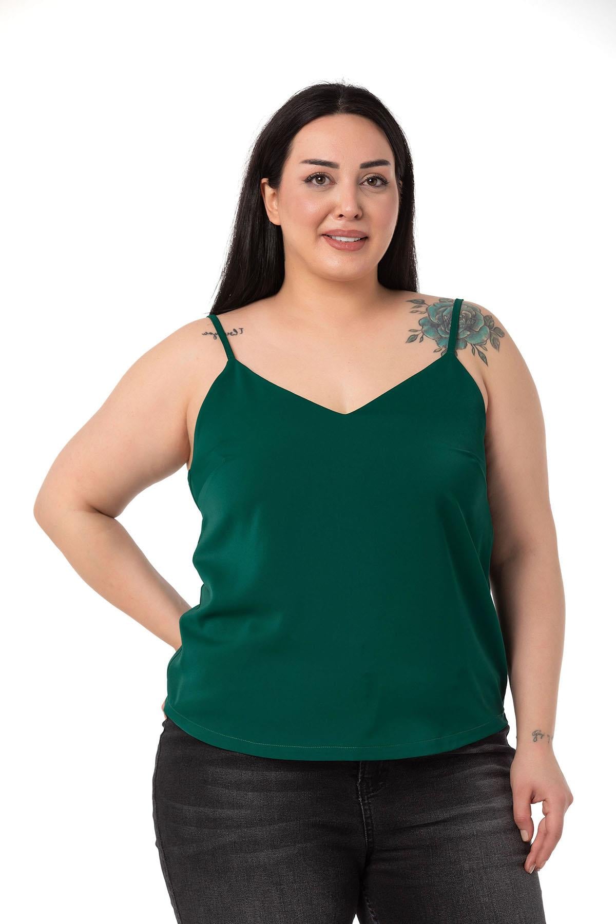 Plus Size Adjustable Thin Strap V Neck Emerald Blouse