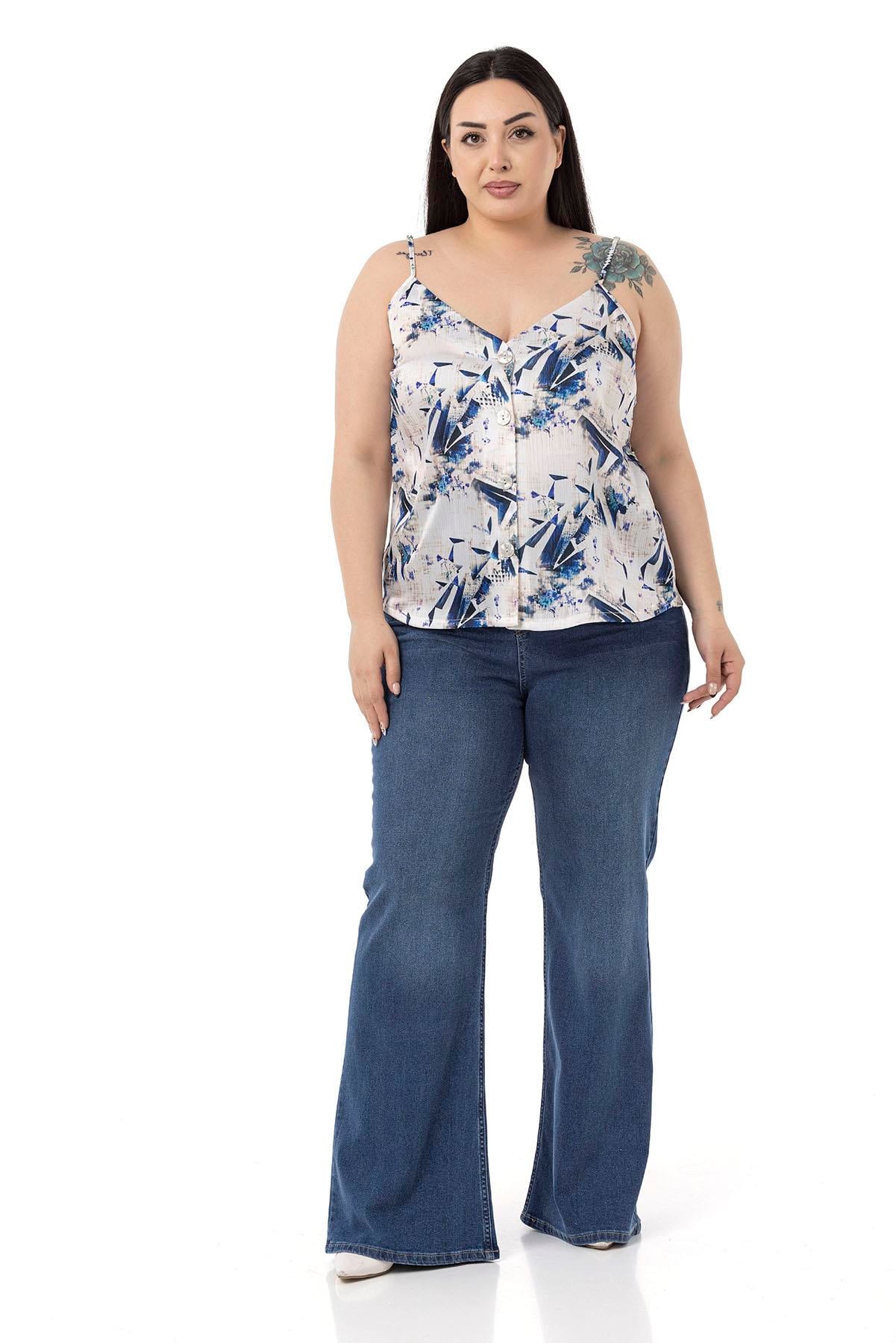 Plus Size Adjustable Thin Straps Front Buttoned Floral Patterned Navy Blue Blouse