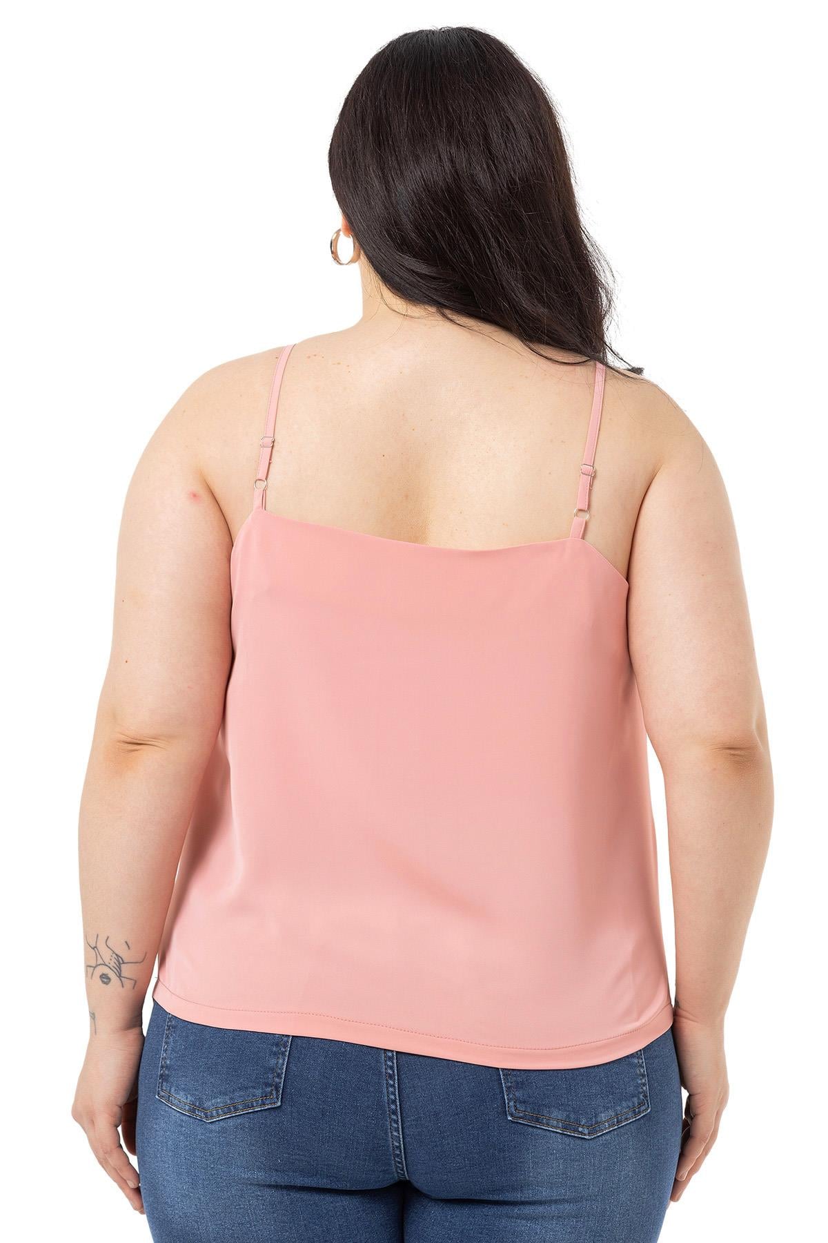 Plus Size Adjustable Thin Strap V Neck Light Pink Blouse