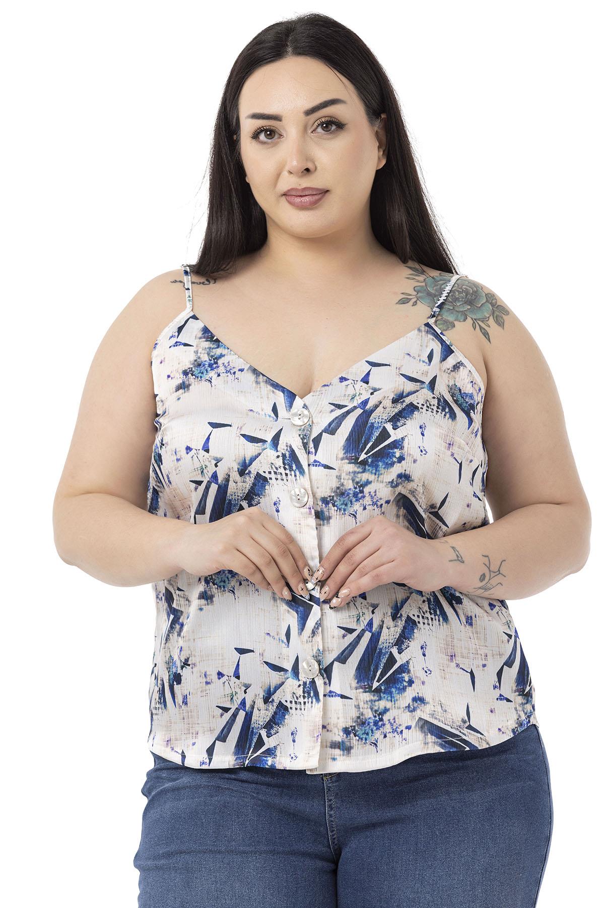 Plus Size Adjustable Thin Straps Front Buttoned Floral Patterned Navy Blue Blouse