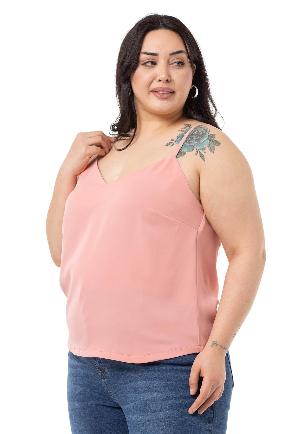 Plus Size Adjustable Thin Strap V Neck Light Pink Blouse