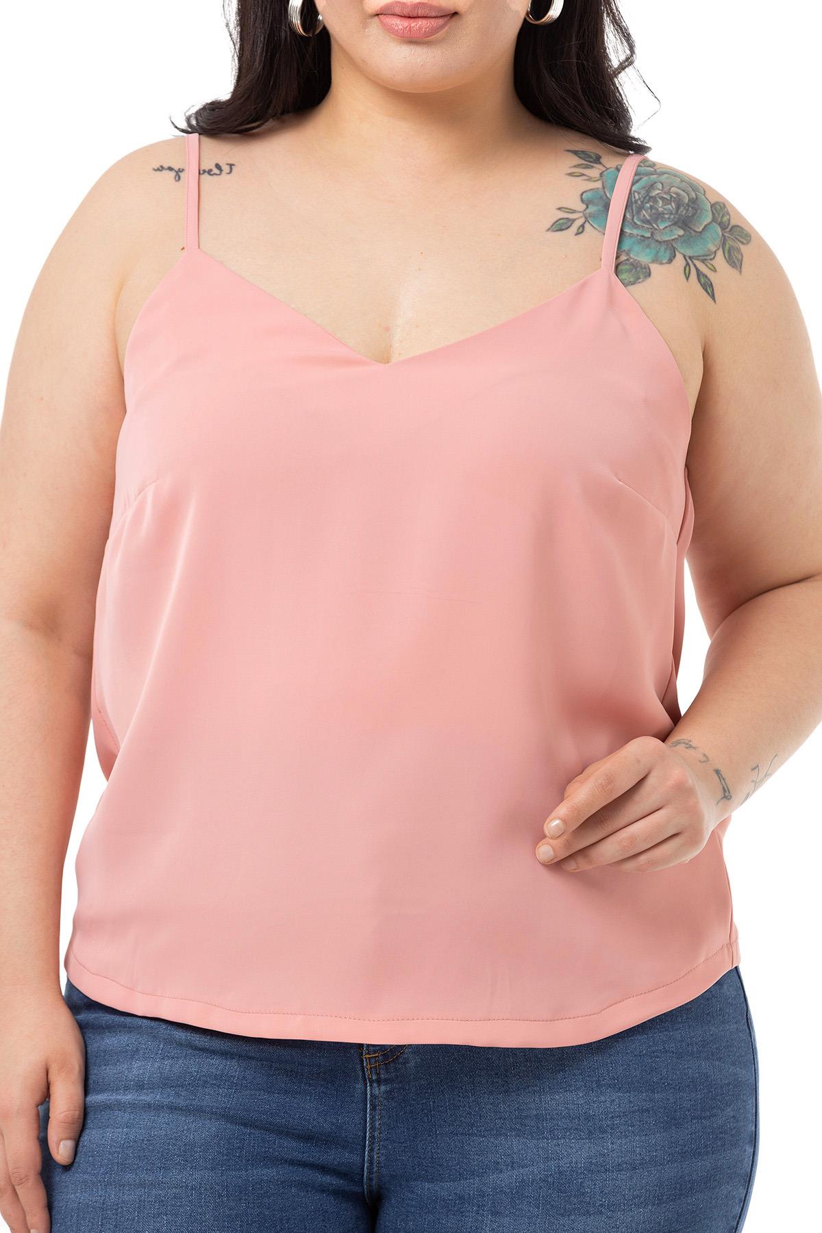 Plus Size Adjustable Thin Strap V Neck Light Pink Blouse