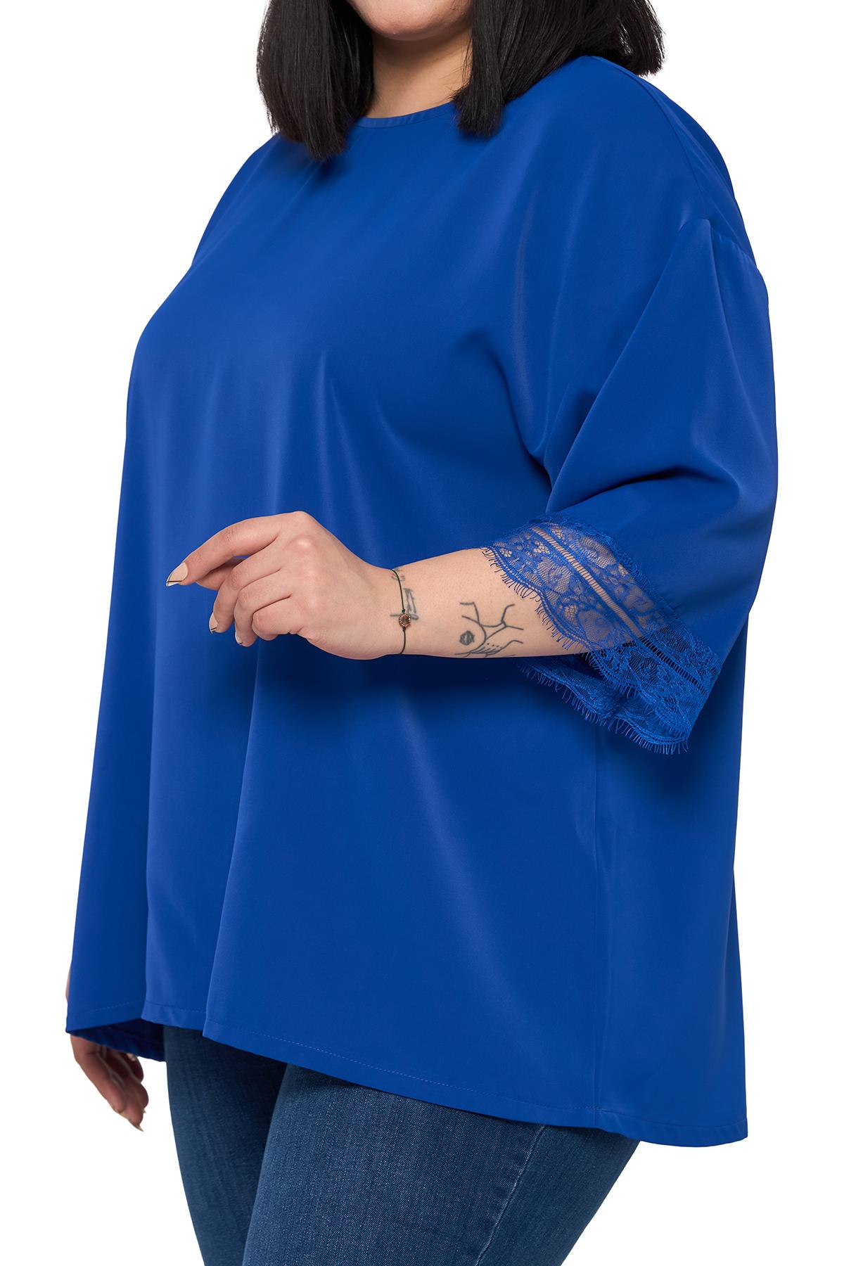 Büyük Beden Dantel Detaylı Yarım Kol Saks Mavi Bluz