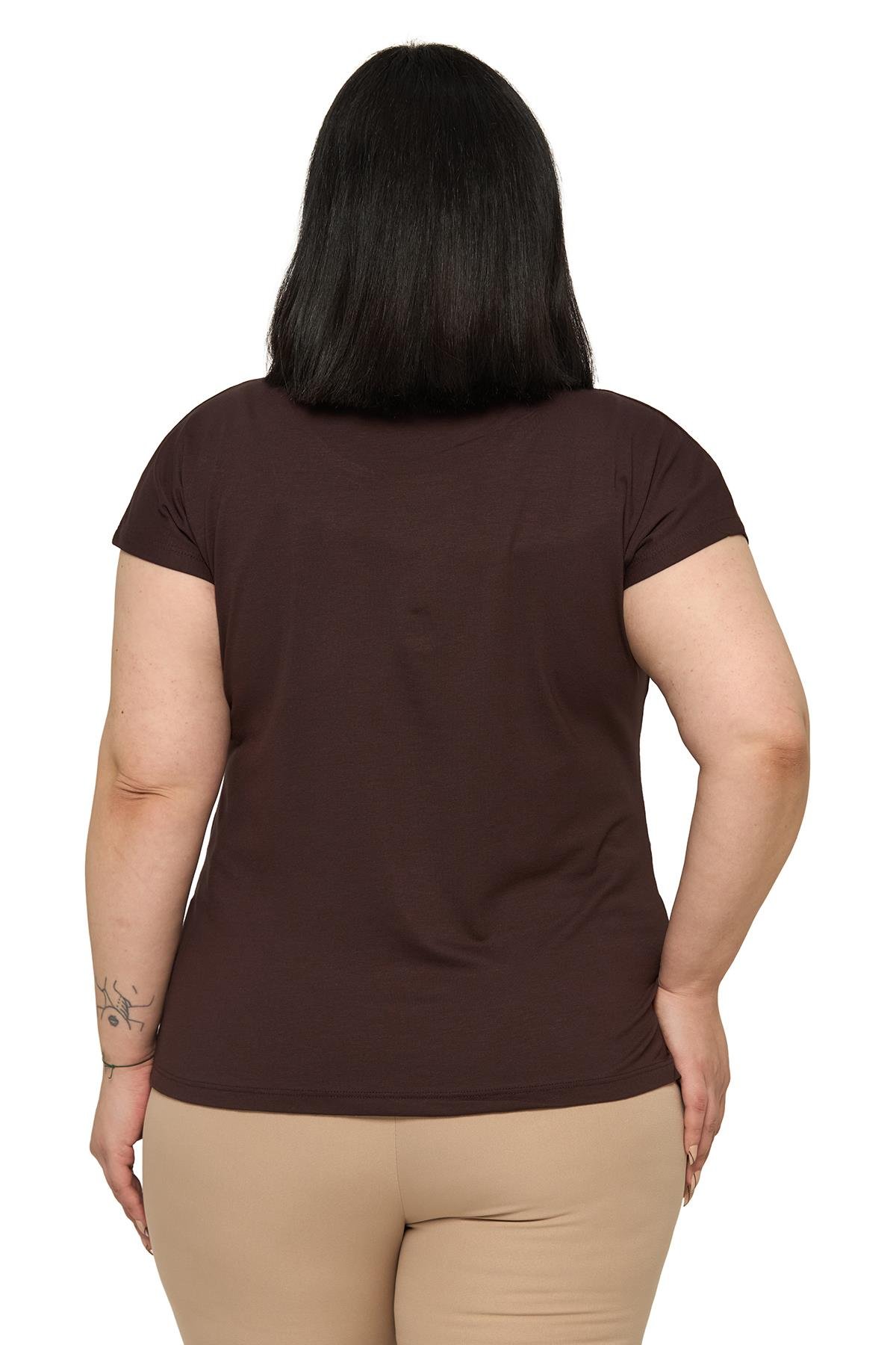 Büyük Beden Düşük Kısa Kollu Omuzda Damla Desenli Kahverengi Bluz