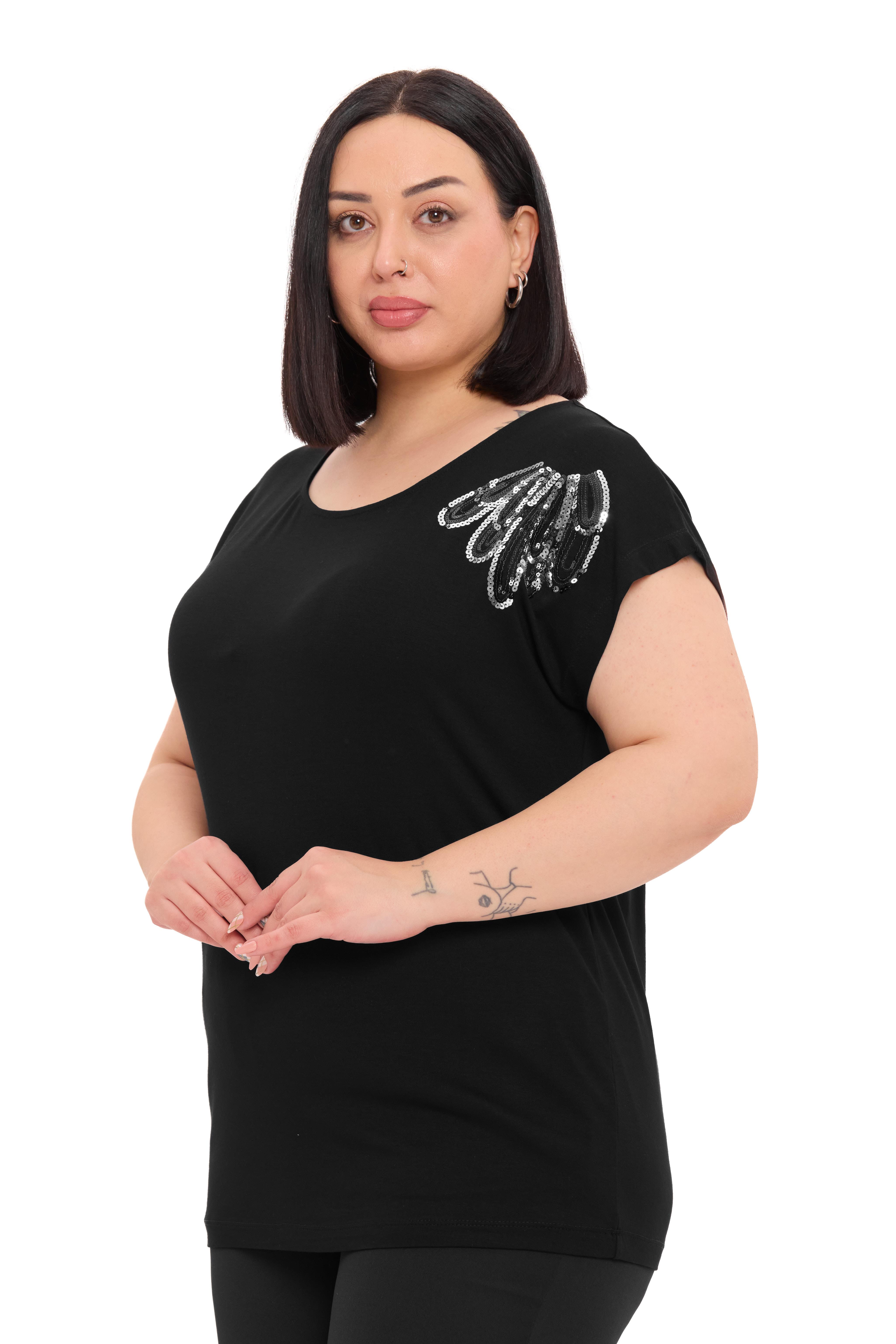 Büyük Beden Düşük Kısa Kollu Omuzda Damla Desenli Siyah Bluz